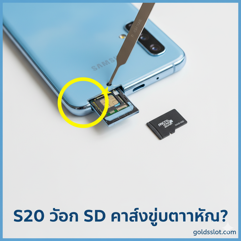 ภาพหน้าปกสไตล์ Tech Review ที่ดูทันสมัยและสะอาดตา แสดงให้เห็นโทรศัพท์ Samsung Galaxy S20 (สีฟ้าหรือสีเทา) วางอยู่บนพื้นผิวเรียบ ด้านบนของโทรศัพท์มีเครื่องมือถอดถาดซิม (SIM Ejector Tool) ชี้ไปที่รูถาดซิมการ์ดอย่างชัดเจน เน้นส่วนขอบด้านบนของเครื่องที่มีช่องใส่ซิม/เมม พร้อมองค์ประกอบกราฟิกวงกลมหรือลูกศรสีสดใส (เช่น สีเหลืองหรือสีส้ม) เพื่อดึงดูดสายตาไปยังตำแหน่งของช่อง SD Card องค์ประกอบรวมถึงภาพของ MicroSD Card วางอยู่ข้างๆ ถาดซิมที่ถูกดึงออกมาเล็กน้อย ใช้ฟอนต์ภาษาไทยขนาดใหญ่ที่โดดเด่น เช่น 'S20 ช่อง SD การ์ดอยู่ตรงไหน?' เพื่อเป็นชื่อเรื่องหลัก
