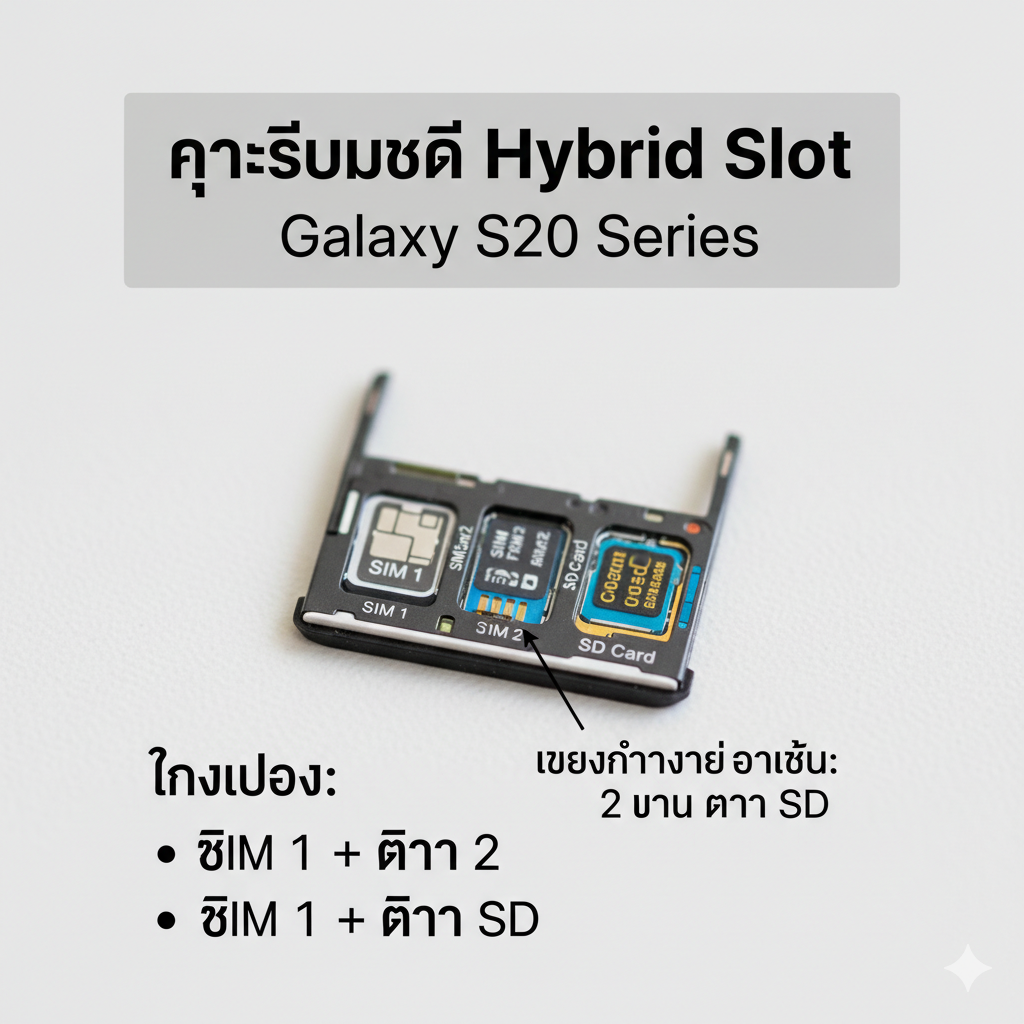 ภาพอธิบายคุณสมบัติ 'Hybrid Slot' ของ Galaxy S20 Series โดยเฉพาะ โดยนำเสนอภาพถ่ายระยะใกล้ (Macro shot) ของถาดซิมการ์ดที่ถูกดึงออกมาจากโทรศัพท์อย่างชัดเจน ภาพแสดงให้เห็นถาดซิมที่มีช่องสำหรับใส่ SIM 1, SIM 2, และช่องสำหรับ SD Card พร้อมคำอธิบายภาพซ้อนทับ (Overlay text) หรือไอคอนที่แสดงทางเลือกการใช้งาน: 'SIM 1 + SIM 2' หรือ 'SIM 1 + SD Card' โดยเน้นให้เห็นว่าช่องหนึ่งต้องเลือกระหว่าง SIM 2 หรือ SD Card ใช้พื้นหลังสีขาวหรือสีเทาอ่อนเพื่อให้ภาพถาดซิมเด่นชัด ภาพควรสื่อสารข้อมูลทางเทคนิคได้อย่างแม่นยำและเป็นระเบียบ