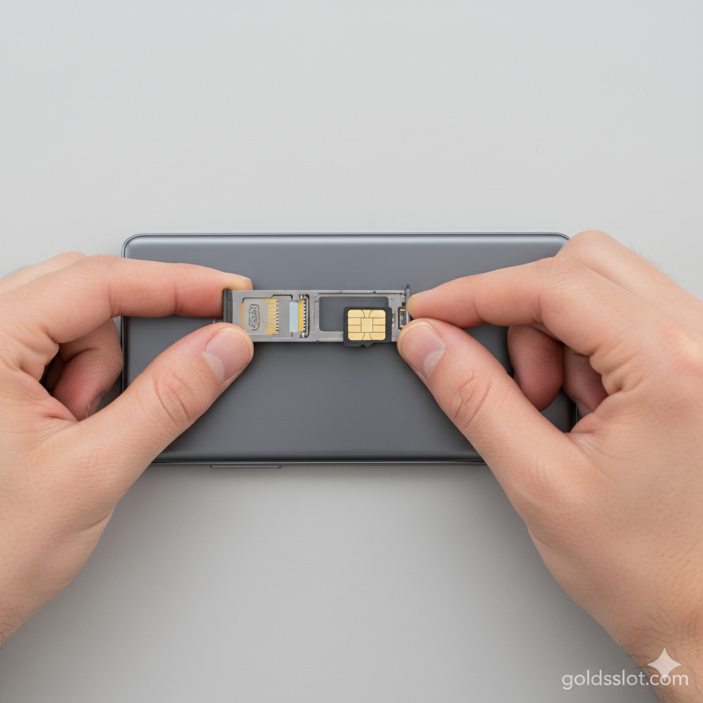 ภาพขั้นตอนการติดตั้ง SD Card ที่ชัดเจนและเป็นลำดับ แสดงมือคนกำลังถือ SD Card ขนาดเล็กและวางลงในช่องบนถาดซิมการ์ดที่ถูกดึงออกมาจาก Samsung Galaxy S20 เน้นที่ทิศทางการวางการ์ดอย่างถูกต้อง (หน้าสัมผัสสีทองคว่ำลง) ใช้แสงที่สว่างและคมชัดเพื่อเน้นรายละเอียดเล็กๆ ของการ์ดและช่องใส่ การจัดองค์ประกอบภาพควรเป็นแบบมุมสูง (Top-down view) เล็กน้อย เพื่อให้เห็นกระบวนการวางอย่างชัดเจน ภาพควรดูเป็นมิตรและเข้าใจง่ายสำหรับผู้ใช้ที่ต้องการคำแนะนำการใส่เมม