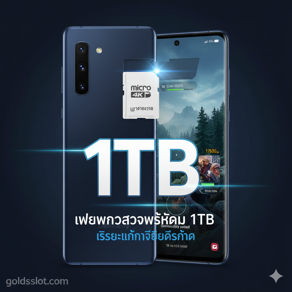 ภาพเน้นข้อดีเรื่องความจุที่รองรับสูงสุด 1TB ของ S20 Series ภาพควรแสดงภาพกราฟิกขนาดใหญ่ของ SD Card ที่มีตัวเลข '1TB' เด่นชัด พร้อมภาพพื้นหลังของ Galaxy S20 ที่กำลังแสดงหน้าจอโหมดกล้องถ่ายวิดีโอ 4K หรือกำลังเล่นเกมที่เน้นพื้นที่เก็บข้อมูลจำนวนมาก สื่อถึงอิสระในการเก็บข้อมูลโดยไม่มีข้อจำกัด สีสันสดใส เน้นสีน้ำเงินและดำของโทรศัพท์ ตัดกับสีขาวของตัวเลข 1TB เพื่อสร้างความโดดเด่น สื่อถึงประสิทธิภาพและความเร็วสูงของ SD Card คุณภาพดีที่ใช้ร่วมกับ S20