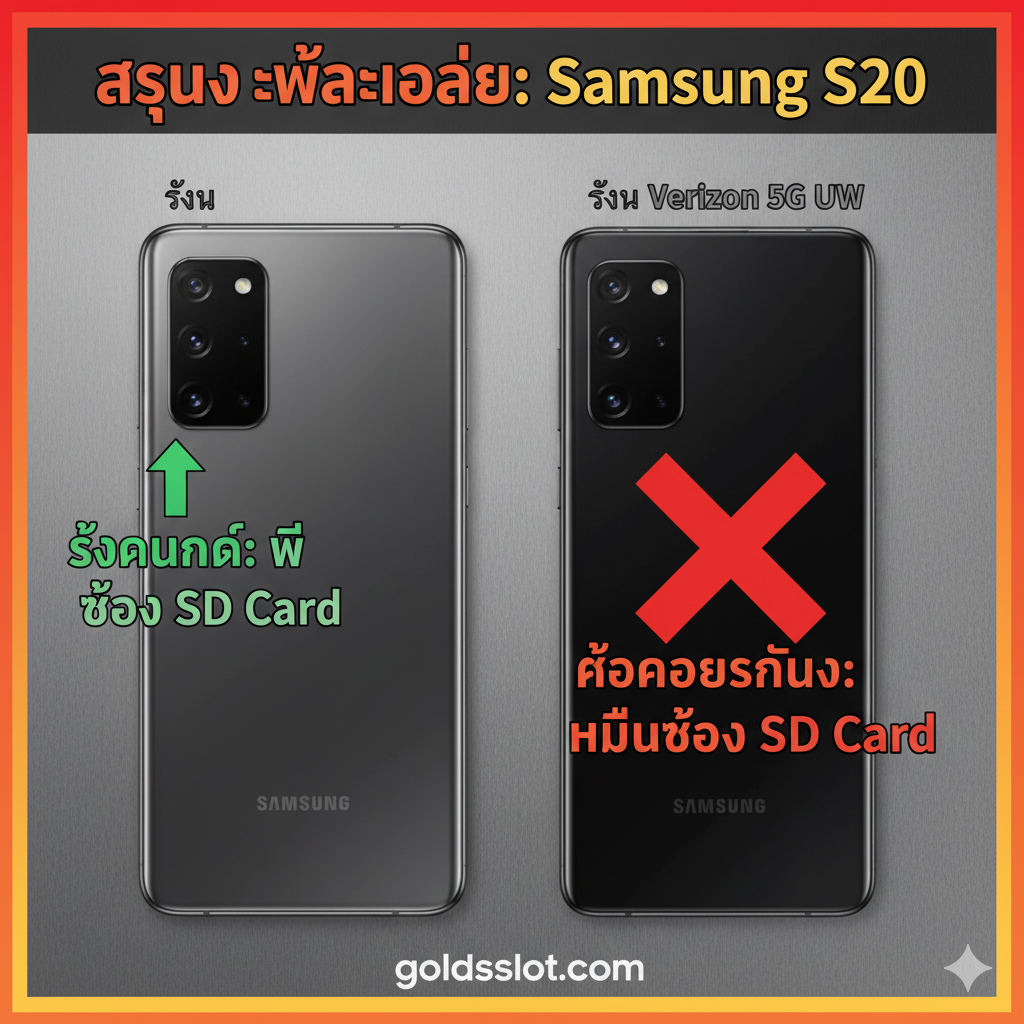 ภาพสรุปและข้อควรระวังสำคัญ เน้นการเตือนเกี่ยวกับรุ่น S20 5G UW ของ Verizon ที่ไม่มีช่อง SD Card ภาพควรแสดงโทรศัพท์ S20 สองเครื่องคู่กัน โดยเครื่องหนึ่งมีลูกศรชี้ไปที่ช่อง SD Card ที่ใช้งานได้ และอีกเครื่องหนึ่ง (ระบุว่าเป็น 'Verizon UW Model') มีเครื่องหมายกากบาทสีแดง (X) หรือสัญลักษณ์ 'ห้าม' ทับตำแหน่งช่อง SD Card สื่อถึงความแตกต่างระหว่างรุ่นอย่างชัดเจน ใช้สีแดงหรือสีส้มเป็นองค์ประกอบเตือนภัยเพื่อดึงดูดความสนใจไปยังส่วนของคำเตือนนี้ ภาพรวมควรดูเป็นทางการและมีวัตถุประสงค์เพื่อย้ำเตือนข้อมูลสำคัญในการซื้อเครื่องนอก