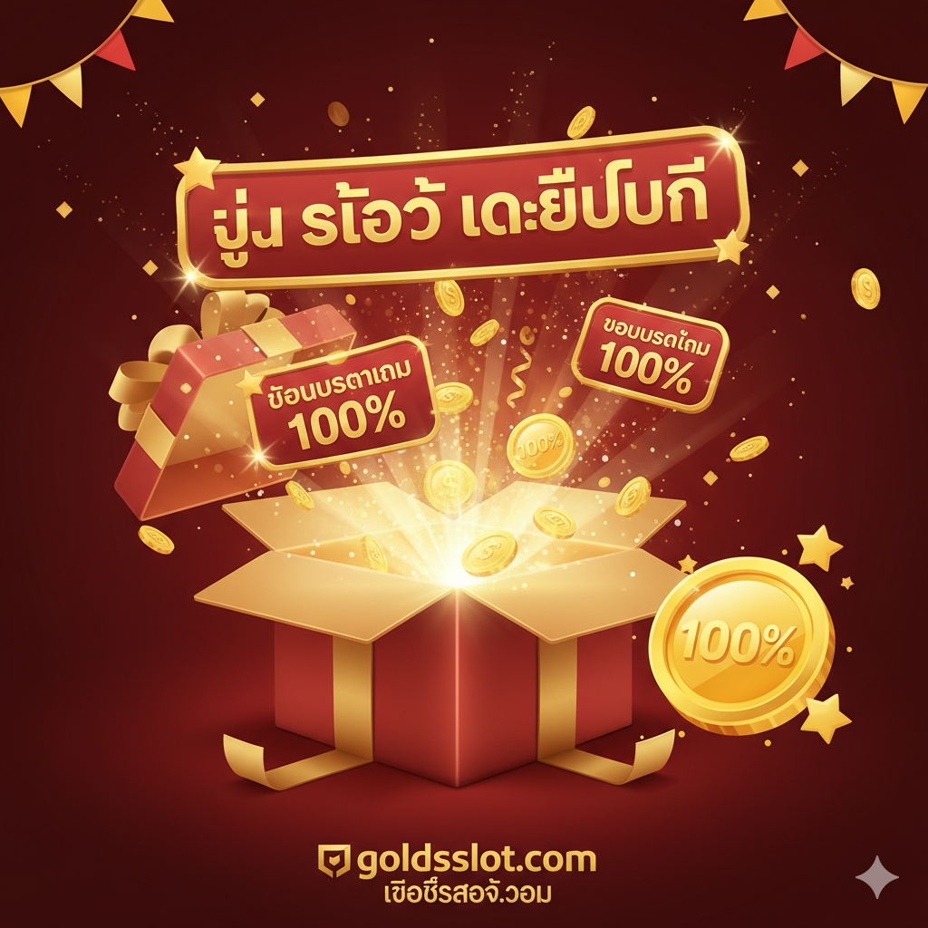 ภาพโปรโมชั่น 'U Slot เครดิตฟรี' และโบนัสต้อนรับ 100% ในบรรยากาศงานเฉลิมฉลอง ใช้สีแดงและสีทองที่ดึงดูดใจ ภาพแสดงกล่องของขวัญขนาดใหญ่ที่เปิดออกและมี 'เครดิตฟรี' พร้อมเงินโบนัส 100% พุ่งออกมา มีภาพไอคอนเหรียญทองและดาวกระจายอยู่รอบ ๆ พร้อมข้อความเน้น 'โบนัส 100%' และ 'goldsslot.com' เพื่อสื่อถึงความคุ้มค่าและข้อเสนอที่เหนือกว่าจากผู้ให้บริการโดยตรง