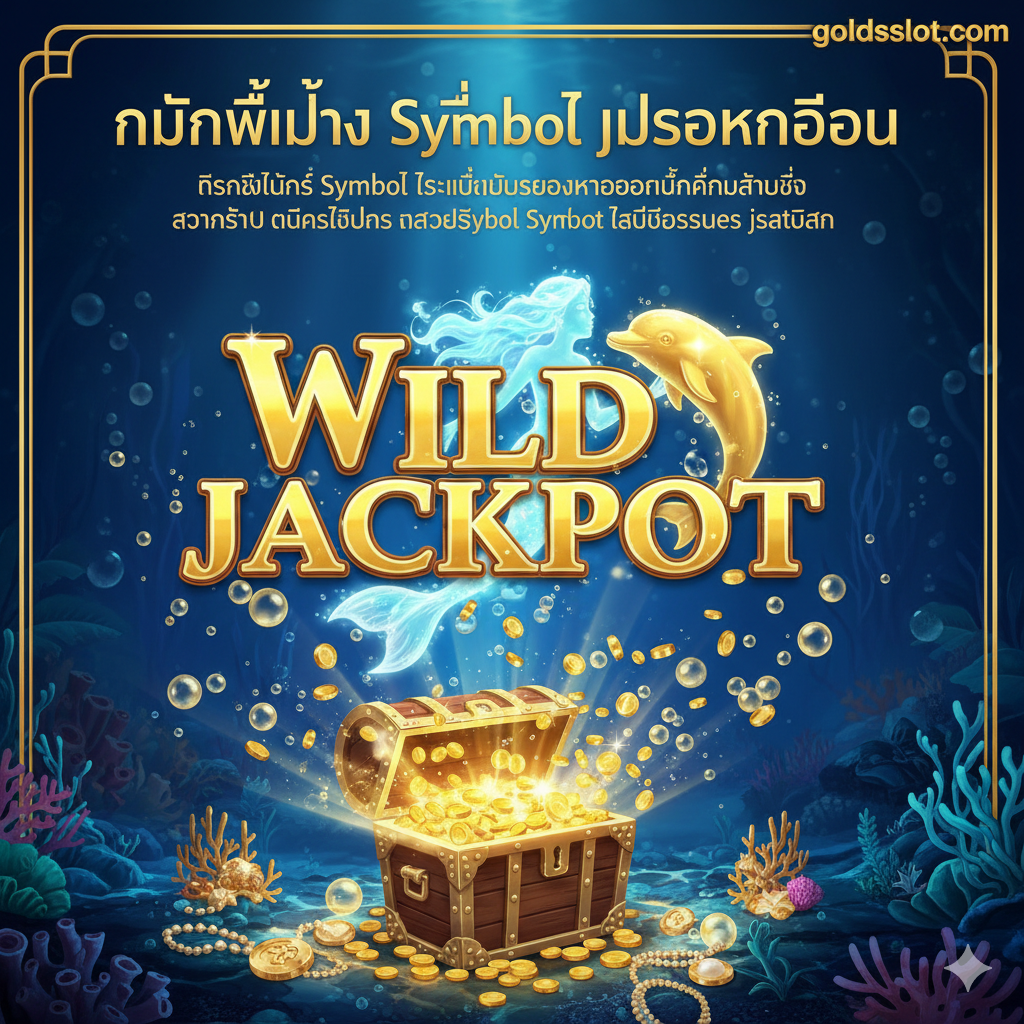 ภาพปกแนวแฟนตาซีธีมโลกใต้ทะเลลึก (Deep Ocean) สไตล์เกมสล็อตพรีเมียม โทนสีน้ำเงินเข้มและฟ้าครามที่ตัดกับสีทองอร่ามอย่างชัดเจน (เน้นสีทองของ Jackpot) องค์ประกอบหลักคือสัญลักษณ์ Wild Symbol รูปปลาโลมา หรือนางเงือกที่เรืองแสง และมีหีบสมบัติ (Scatter) เปิดอยู่ด้านล่าง ปล่อยฟองอากาศและเหรียญทองลอยขึ้นมา จัดองค์ประกอบให้มีพื้นที่ว่างด้านบนสำหรับข้อความพาดหัว และมีโลโก้ 'goldsslot.com' ขนาดเล็กแต่ชัดเจนที่มุมใดมุมหนึ่ง