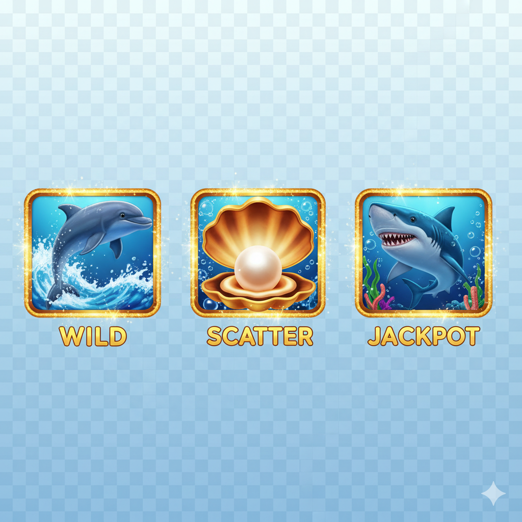 ภาพเน้นองค์ประกอบกราฟิก PNG ของสัญลักษณ์สำคัญในเกมสล็อต Sea World จำนวน 3-4 สัญลักษณ์ โดยเฉพาะสัญลักษณ์ 'Wild' (ปลาโลมา/ฉลาม) และ 'Scatter' (ไข่มุก/หีบสมบัติ) ถูกจัดวางให้ลอยเด่นอยู่กลางภาพ มีพื้นหลังสีน้ำเงินโปร่งใส (Transparent look) เพื่อสื่อถึงไฟล์ PNG และมีเส้นกรอบสีทองรอบสัญลักษณ์เพื่อสื่อถึงมูลค่ารางวัล เน้นรายละเอียดความคมชัดและมิติของกราฟิกเพื่อดึงดูดความสนใจของผู้ที่กำลังมองหา Asset คุณภาพสูง