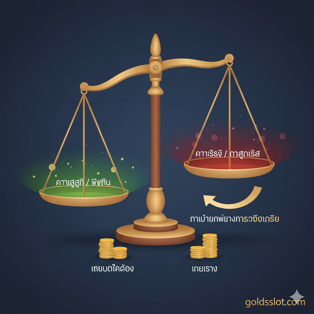 ภาพความได้เปรียบที่เน้นการเล่นอย่างรับผิดชอบและการจัดการเงินทุน ภาพแสดงเป็นรูปเครื่องชั่งที่ฝั่ง 'ความสนุก/ฝึกฝน' เอียงลงอย่างชัดเจน แสดงความสำคัญของการฝึกฝนด้วยโทนสีเขียวและทอง ด้านล่างมีเหรียญจำลอง 'Demo Credit' และ 'Real Money' พร้อมลูกศรชี้จากการเล่นเดโม่ไปสู่การเล่นจริงอย่างมีความรับผิดชอบ