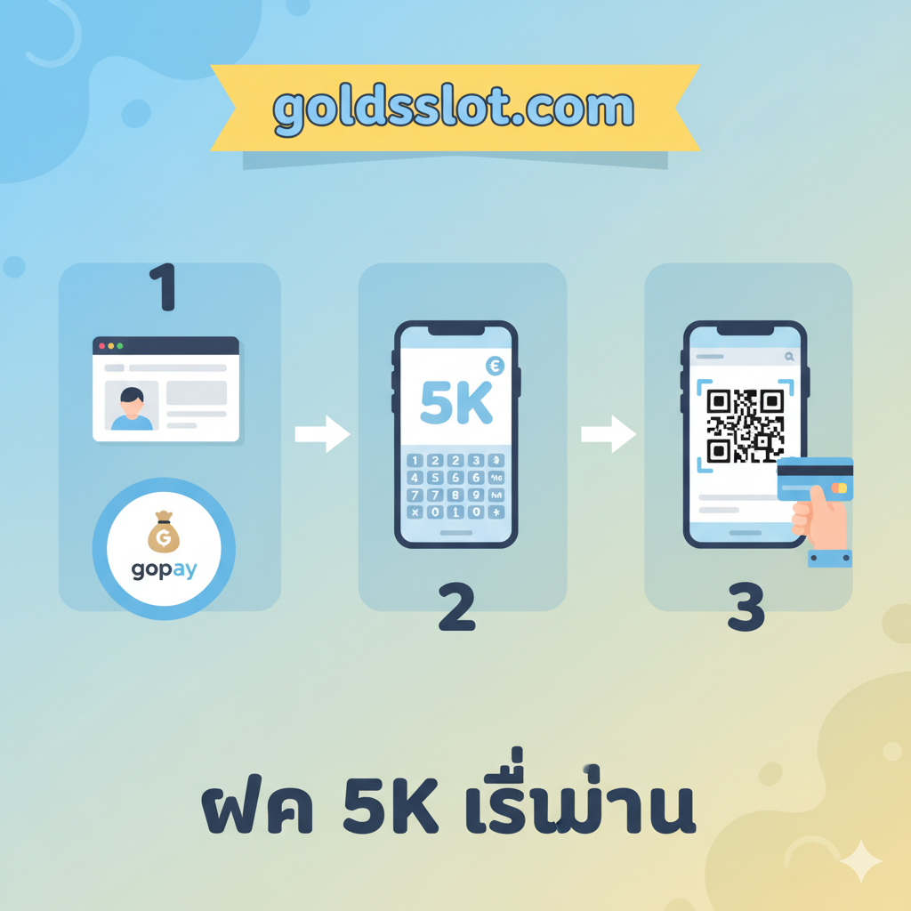 ภาพขั้นตอนการสอนการใช้งาน ใช้ไอคอนและขั้นตอนตัวเลขที่เรียบง่ายเพื่อแนะนำผู้ใช้ในการฝากเงิน. รูปภาพควรแบ่งออกเป็นสามขั้นตอนที่ชัดเจน: 1. ล็อกอินเข้าสู่ goldsslot.com และเลือก Gopay; 2. ป้อนจำนวนเงิน 5K; 3. ใช้แอปพลิเคชัน Gopay เพื่อสแกนคิวอาร์โค้ดหรือยืนยันการโอนเงิน. แต่ละขั้นตอนใช้ไอคอนขนาดเล็ก (เช่น: รูปคน, โทรศัพท์มือถือ, สัญลักษณ์ธนบัตร) และเชื่อมต่อด้วยลูกศร. สไตล์ควรเป็นการออกแบบแบนราบหรือภาพประกอบ, สีสันสดใส, เข้าใจง่าย, เน้นเกณฑ์ต่ำของ 5K.