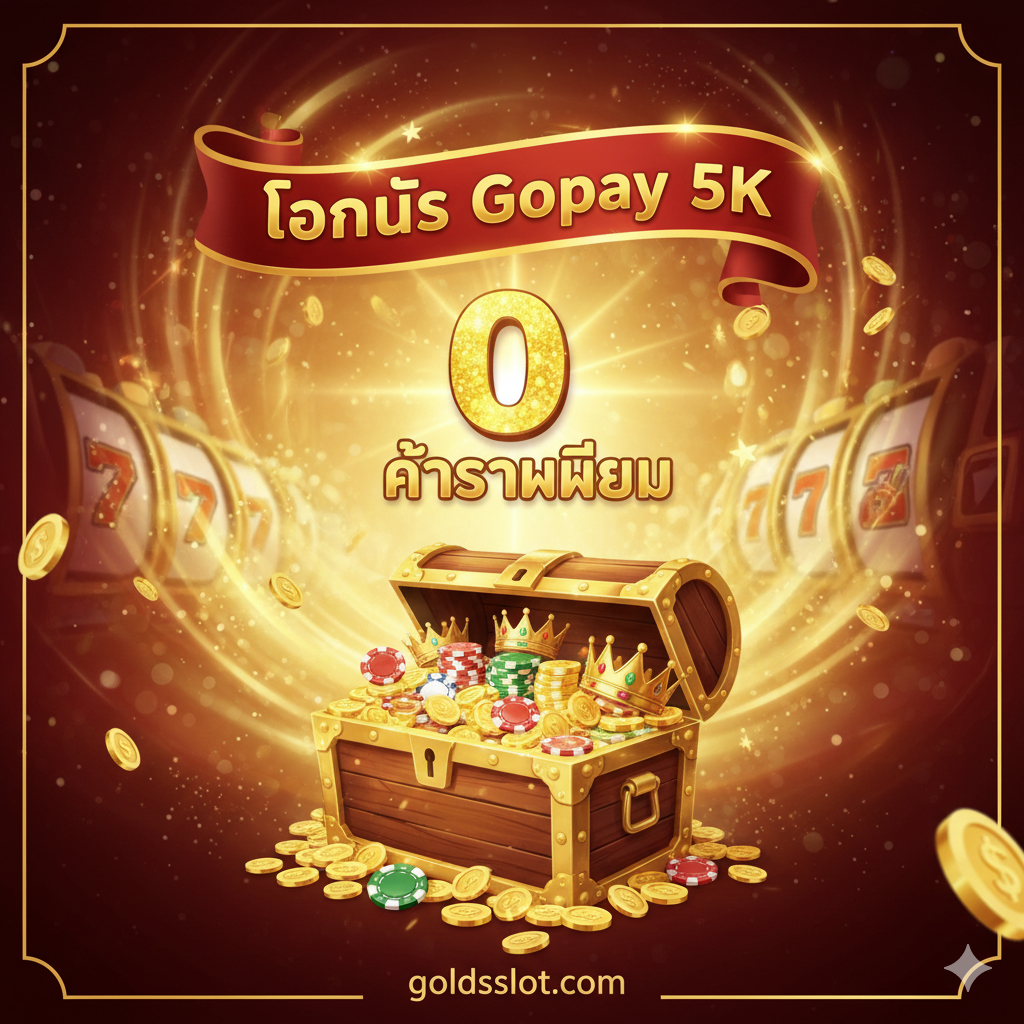 ภาพเน้นข้อดี เน้นที่ "ไม่มีค่าธรรมเนียม" และ "โบนัสเพิ่มเติม". ในภาพควรมีป้าย "0 Fee" หรือ "No Fees" ที่เปล่งประกายสีทอง, และมีหีบสมบัติที่เต็มไปด้วยเหรียญทองและชิป, สัญลักษณ์ของโบนัสเพิ่มเติมและความมั่งคั่ง. มีแบนเนอร์หรือตราที่โดดเด่นเขียนว่า "Gopay 5K Bonus". องค์ประกอบของภาพควรมีความเคลื่อนไหวและเต็มไปด้วยความหวัง, เน้นสีทองและสีแดงเป็นหลัก, เพื่อดึงดูดความสนใจของผู้ใช้, เน้น USP ของเว็บไซต์.