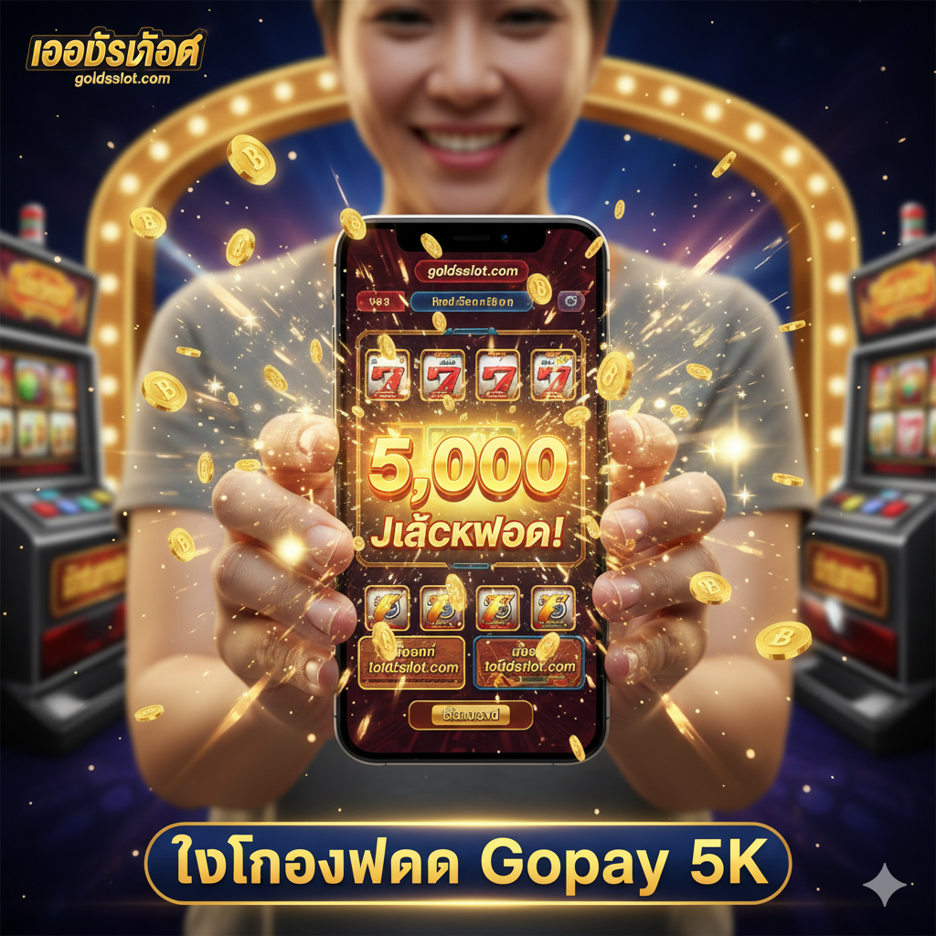 ภาพสรุปและเรียกร้องให้ดำเนินการ. ภาพควรแสดงผู้เล่นที่ประสบความสำเร็จในการชนะรางวัลใหญ่ (Jackpot) ในเกมสล็อตผ่านโทรศัพท์มือถือ, ล้อมรอบด้วยเหรียญทองที่ลอยอยู่และองค์ประกอบของการเฉลิมฉลอง. ผู้เล่นอาจเป็นภาพระยะใกล้ของใบหน้าที่มีรอยยิ้ม, กำลังถือโทรศัพท์มือถือ. หน้าจอเครื่องสล็อตแสดงตัวเลขเงินรางวัลจำนวนมาก, และมีคำเรียกร้องให้ดำเนินการเป็นภาษาไทยที่ชัดเจนว่า “เล่นเลยที่ goldsslot.com” หรือคำเชิญชวนอื่น ๆ. สไตล์โดยรวมเต็มไปด้วยความรู้สึกของชัยชนะและความสนุกสนาน, ส่งเสริมให้ผู้ใช้ทดลองฝาก Gopay 5K.