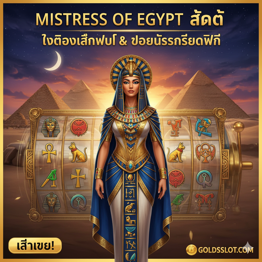 ภาพหน้าปกสไตล์อียิปต์โบราณที่ดึงดูดสายตา โชว์เทพี Mistress of Egypt ในชุดหรูหราสีทองและสีฟ้าเข้ม ฉากหลังเป็นพีระมิดยามอาทิตย์ตกดินหรือท้องฟ้ายามค่ำคืนที่ประดับด้วยดวงดาว มีองค์ประกอบของสล็อตแมชชีนซ้อนทับอย่างโปร่งใส เช่น วงล้อที่มีสัญลักษณ์เด่น (ฟาโรห์, อังค์) และเน้นโลโก้เกม 'Mistress of Egypt Slot' พร้อมข้อความเร้าใจ 'ทดลองเล่นฟรี & โบนัสเครดิตฟรี' ด้วยฟอนต์สไตล์อียิปต์ สีหลักคือสีทอง, สีน้ำเงินรอยัล, และสีทราย เพื่อสื่อถึงความร่ำรวยและเวทมนตร์