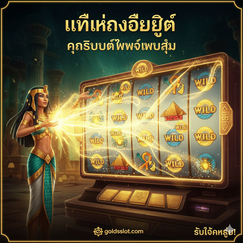 ภาพเน้นฟีเจอร์ 'Random Wilds' ที่เป็นจุดเด่นของเกม ฉากหลังเป็นหน้าจอเกมสล็อตที่กำลังหมุน โดยมีเทพี Mistress of Egypt ปรากฏตัวออกมาในลักษณะกำลังเสกเวทมนตร์หรือร่ายรำ แสงสีทองพุ่งออกมาจากมือของเธอไปยังวงล้อ เน้นให้เห็นสัญลักษณ์ Wilds จำนวนมาก (3-15 ตัว) ที่ถูกวางแบบสุ่มอยู่บนวงล้ออย่างชัดเจน สร้างความรู้สึกตื่นเต้นและศักดิ์สิทธิ์ของการถูกรางวัลใหญ่ สีสันสดใส เน้นสีเขียวและทองเพื่อสื่อถึงชัยชนะและโชคลาภ