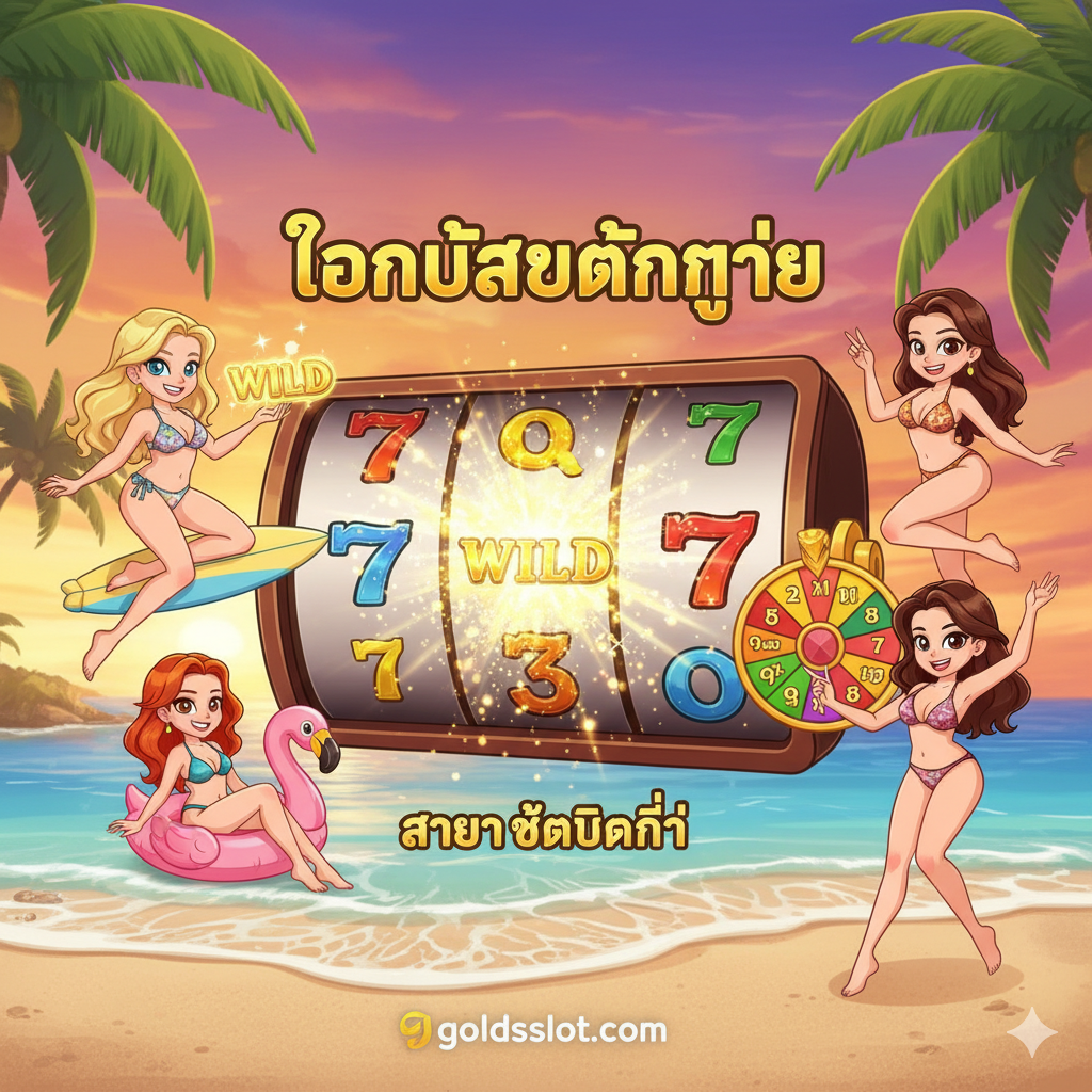 An image used to highlight features of games like 'Bikini Paradise'. The image uses a dynamic cartoon or anime style illustration, showcasing three sexy cartoonized 'สาวๆ ชุดบิกินี่' (Bikini Girls) characters with different looks, representing various game symbols (e.g., Wild, Scatter, Multiplier). The background is a luxurious seaside resort with a sunset and waves. In the center of the image is a giant slot reel, with a close-up of one symbol transforming into 'Wild', accompanied by golden explosion light effects, emphasizing the 'โบนัสแตกง่าย' (Bonus Easy to Break) feature and the sexy theme.