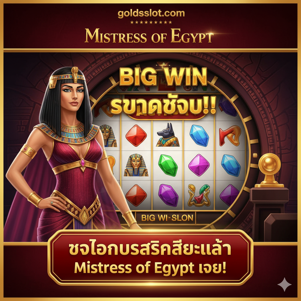 ภาพบทสรุปที่กระตุ้นให้เกิดการตัดสินใจเล่น ภาพแสดง Mistress of Egypt ในมุมมองที่มีพลังและเชิญชวน พร้อมวงล้อสล็อตที่แสดงผลการชนะชุดใหญ่ (Big Win/Jackpot Screen) มีปุ่มขนาดใหญ่ที่ดูคลิกได้ (Call-to-Action) กำกับข้อความ 'รับโบนัสสุดพิเศษและเล่น Mistress of Egypt เลย!' สีสันที่ใช้ควรเป็นสีแดงก่ำหรือสีม่วงเข้มตัดกับสีทองที่เจิดจ้า เพื่อสื่อถึงความเร่งด่วนและโอกาสทองที่กำลังจะมาถึง ภาพควรให้ความรู้สึกสุดท้ายของการผจญภัยที่ประสบความสำเร็จ