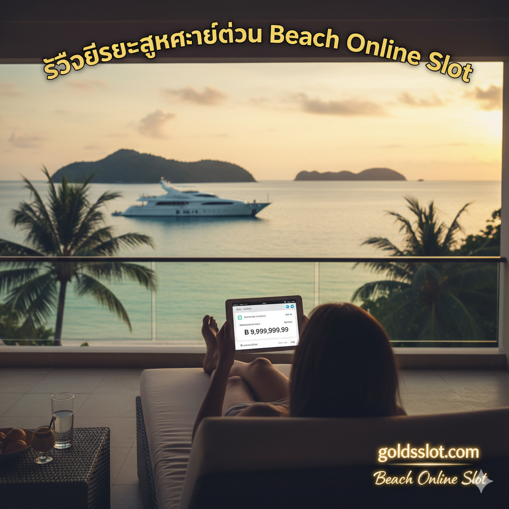 A high-resolution concept image for a summary. The scene is full of happiness: a player (can be a silhouette or blurred face) is sitting on a seaside villa's balcony, checking their bank account balance on a tablet or mobile phone, with a high amount displayed in the account. The background is a peaceful and wealthy sea view with luxury yachts and distant islands. The image aims to convey the ultimate goal and relaxed theme of achieving financial freedom and enjoying a beautiful life by earning huge profits through 'Beach Online Slot' at goldsslot.com.