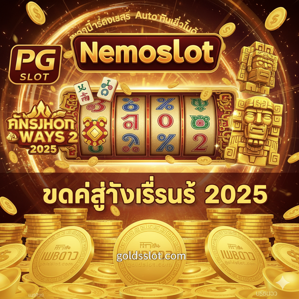 图片应是具有高冲击力的泰国风格的在线老虎机游戏封面。主视觉元素是Nemoslot标志和PG Slot的代表性游戏图标（例如Mahjong Ways 2或Treasures of Aztec），以金色和红色为主色调，营造出财富和好运的氛围。前景是一个带有'goldsslot.com'网址และ'เว็บตรง'（Web Direct）字样的闪耀金币或筹码堆。背景是动态的灯光效果，强调'แตกง่ายที่สุด 2025'（Easy to Break/Win Most Easily 2025）和'Auto ไม่มีขั้นต่ำ'（Auto No Minimum）的关键信息。构图应居中且富有力量感。