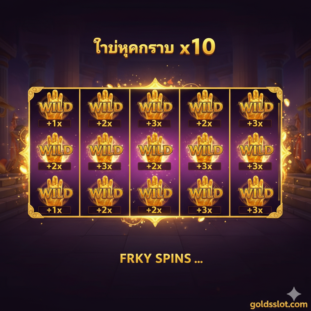 功能特性图，重点展示“Sticky Wilds & Progressive Multiplier”的机制。画面主体是一个正在进行中的游戏界面，聚焦于Free Spins回合。多个金色的“Wild”符号（迈ดัส的手）被固定ใน不同的卷轴上，每个Wild下方显示着累积的乘数（例如：+1x, +2x, +3x），并且在屏幕上方有一个巨大的累积乘数计数器（例如：Total Multiplier x10）。整体色调明亮、充满活力，突出Wild符号的金色光芒，直观地解释了“The Hand of Midas”的核心爆分机制。