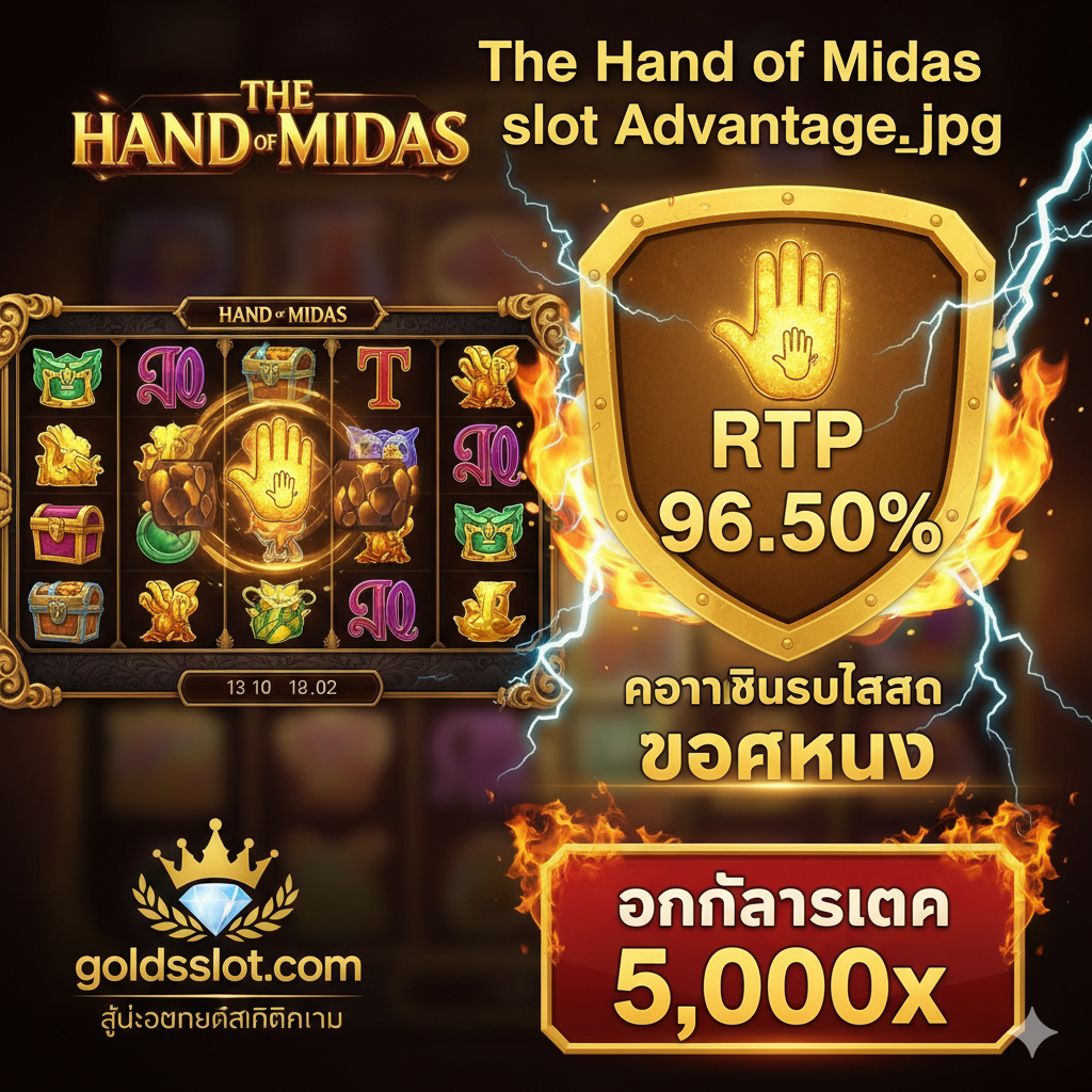 优势特点图，展示游戏的RTP和高爆发力。画面应是“The Hand of Midas”的游戏画面与一个醒目的数据图相结合。使用一个徽章หรือ盾牌样式突出显示“RTP 96.50%”，旁边配以燃烧的火焰หรือ闪电效果，象征“High Volatility”และ“แตกหนัก”。ใน底部หรือ角落加入goldsslot.com的标志（或类似代表顶级平台的元素），暗示该平台是最佳游玩地点，并使用泰语“โอกาสแตก 5,000x”吸引玩家。