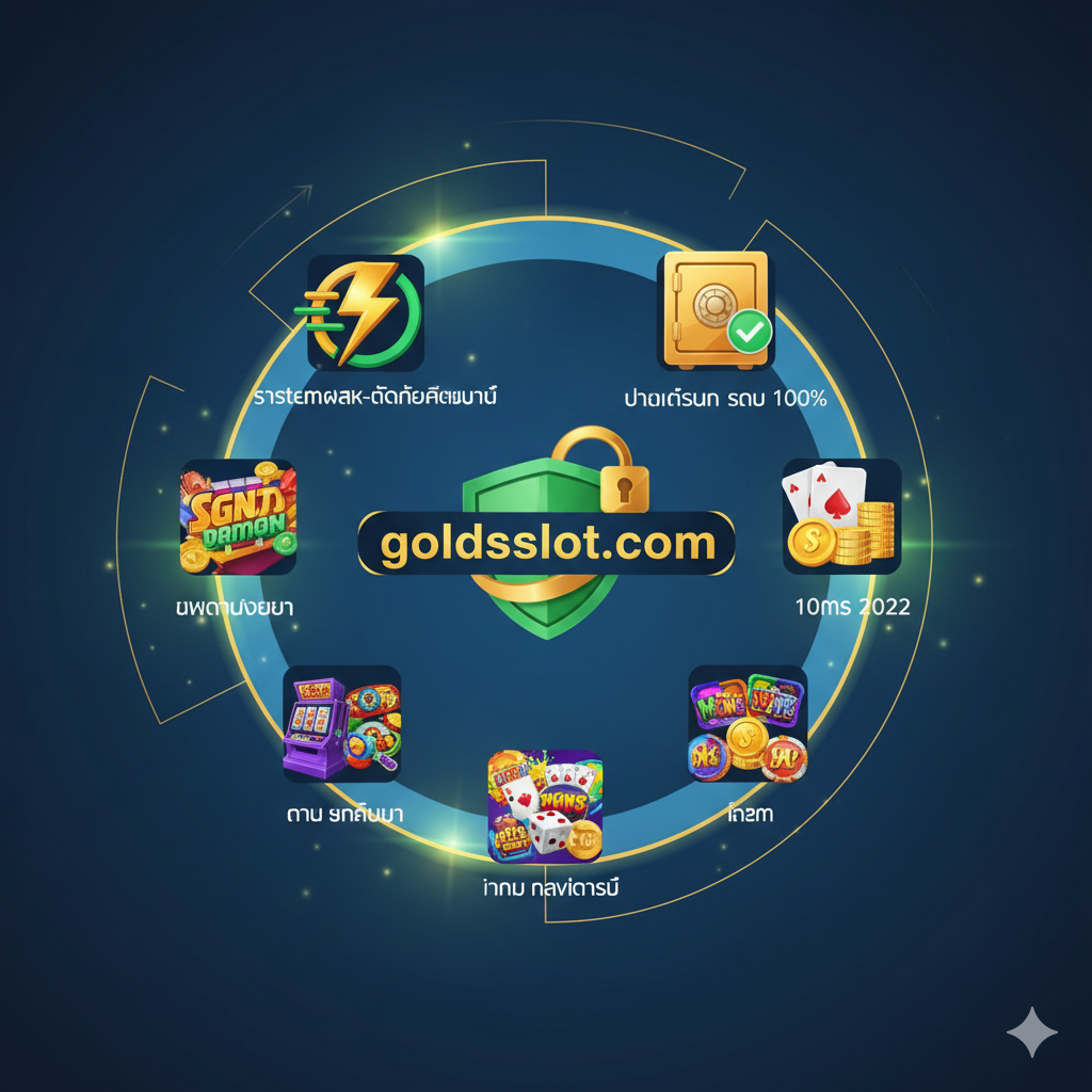 รูปภาพที่เน้นย้ำถึงความปลอดภัยและข้อดีของ goldsslot.com ในฐานะ Link Resmi มีสัญลักษณ์แสดงการฝาก-ถอนอัตโนมัติและการรับประกันจ่ายจริง