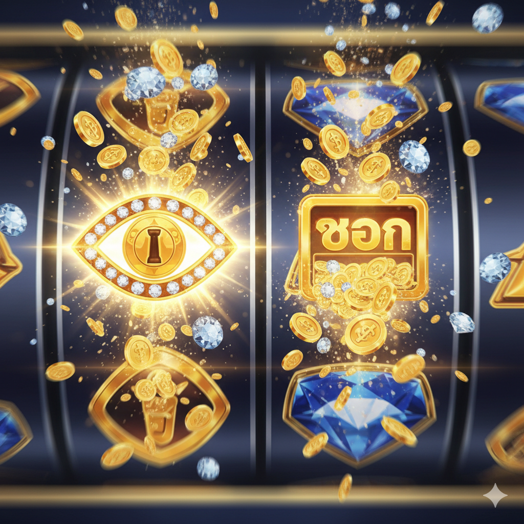 功能/符号特性的展示。特写一个正在旋转的老虎机卷轴，卷轴上的一个或多个特殊符号（如Wild或Scatter）被设计成独特的'幸运之眼'或'硬币ช่อง'的形状，这些符号发出耀眼的金色光芒。画面强调中奖线，有大量金币和钻石从符号周围涌出。色彩以金黄和宝石蓝为主，营造出游戏高爆率和视觉冲击力，突出特殊符号带来的巨额奖励。