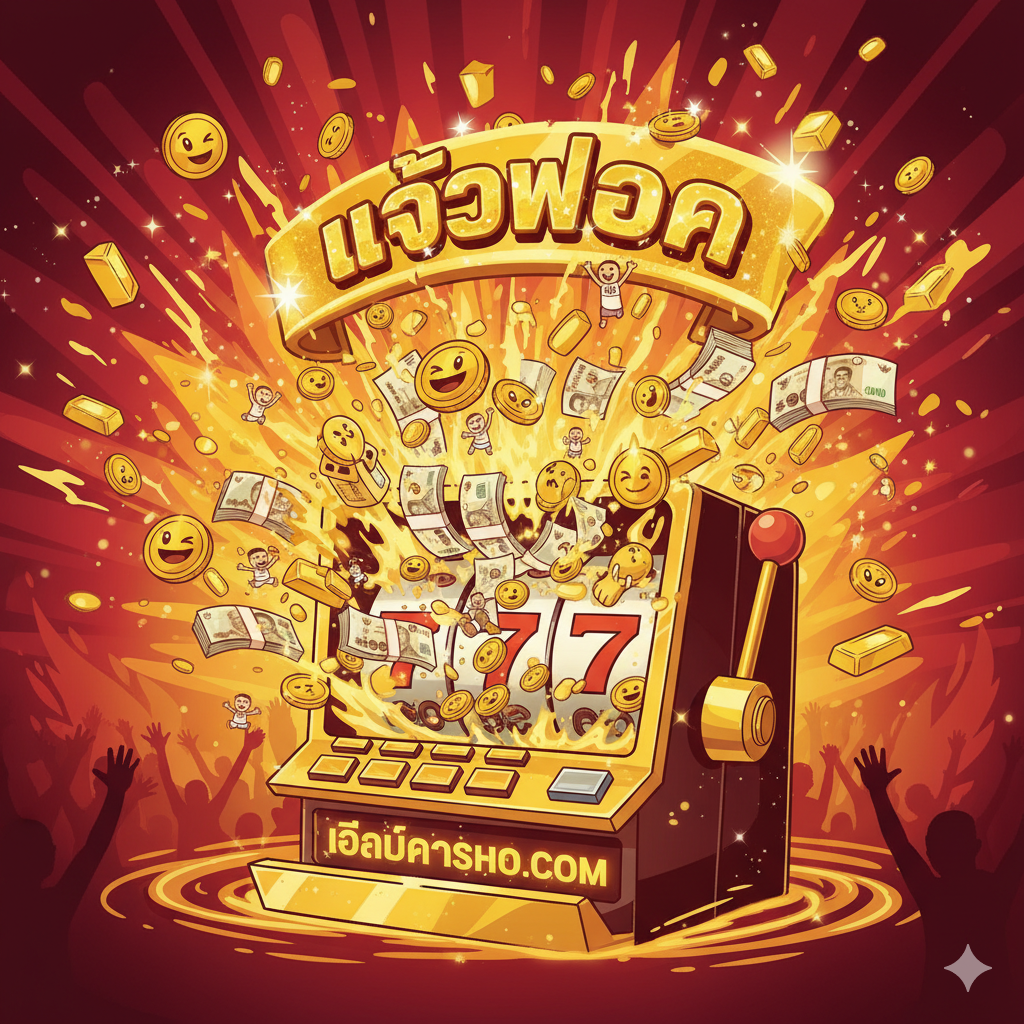 展现加入Goldsslot.com并抓住机会的优势。画面是一个巨大的老虎机正在吐出爆炸性的财富，包括堆积如山的泰铢和金条。上方有'JACKPOT'的金色横幅闪烁。画面风格为夸张、充满活力的卡通或插画，色彩饱和度高，大量使用金色和红色，体现丰厚奖励和喜悦感，暗示选择目标站点能带来巨大收益。