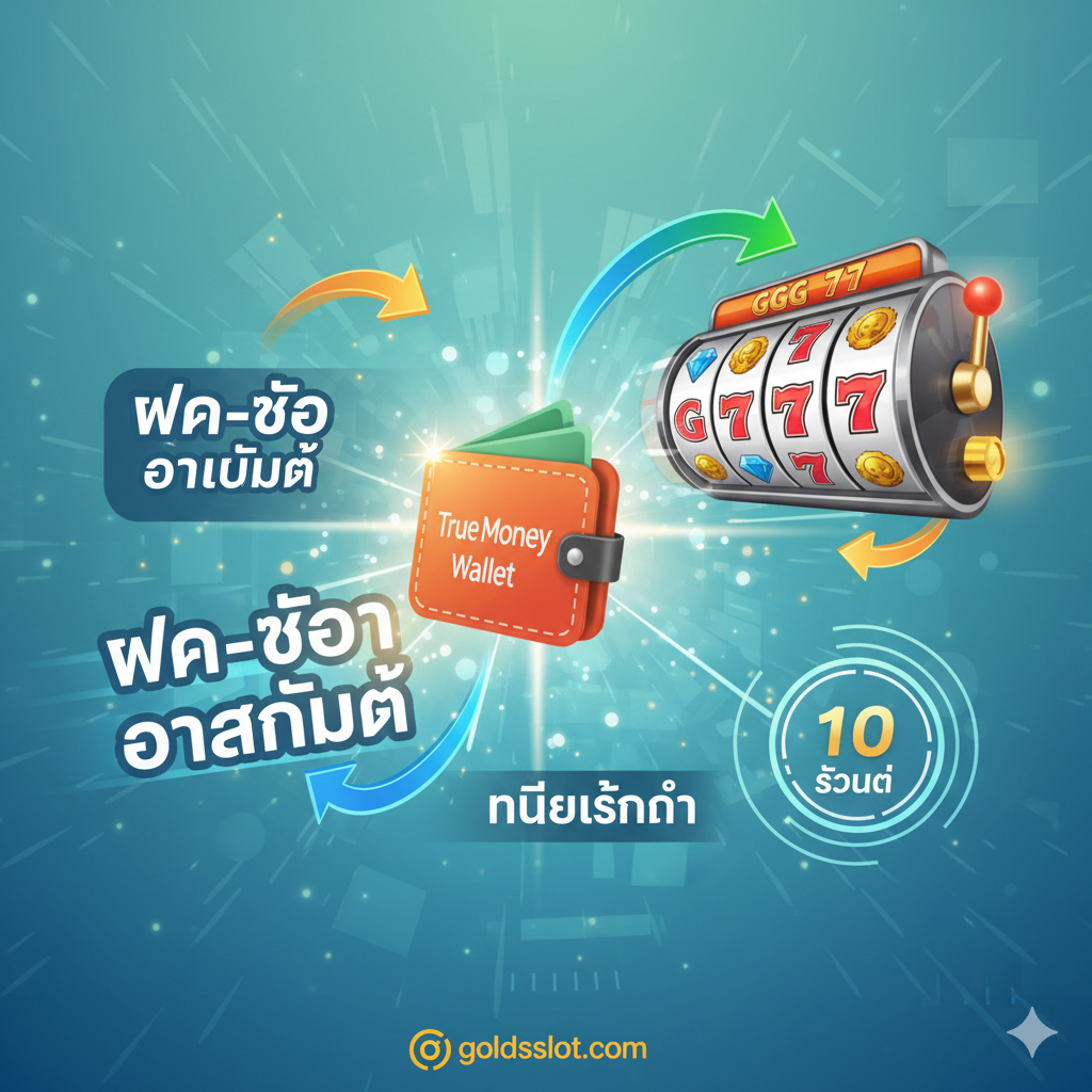 ภาพกราฟิกเน้นฟีเจอร์เด่นของระบบการเงิน 'True Wallet & Auto ฝาก-ถอน ไม่มีขั้นต่ำ' องค์ประกอบประกอบด้วยโลโก้ True Money Wallet (สีส้ม/แดง) ที่เป็นประกาย เชื่อมโยงกับไอคอนเครื่องสล็อต GGG 777 ที่กำลังหมุนอย่างรวดเร็ว (Spinning Slot Reel) พร้อมลูกศรแสดงการทำธุรกรรม 'เข้า-ออก' (In/Out transaction arrows) ที่รวดเร็วมาก (High Speed/Instant effect) ควรมีตัวเลข '10 วินาที' หรือคำว่า 'ไม่มีขั้นต่ำ' ปรากฏในลักษณะกราฟิกที่สื่อถึงความคล่องตัว (Seamlessness) และความสะดวกสบาย (Convenience) บนพื้นหลังสีน้ำเงิน/เขียวอ่อนที่ทันสมัย