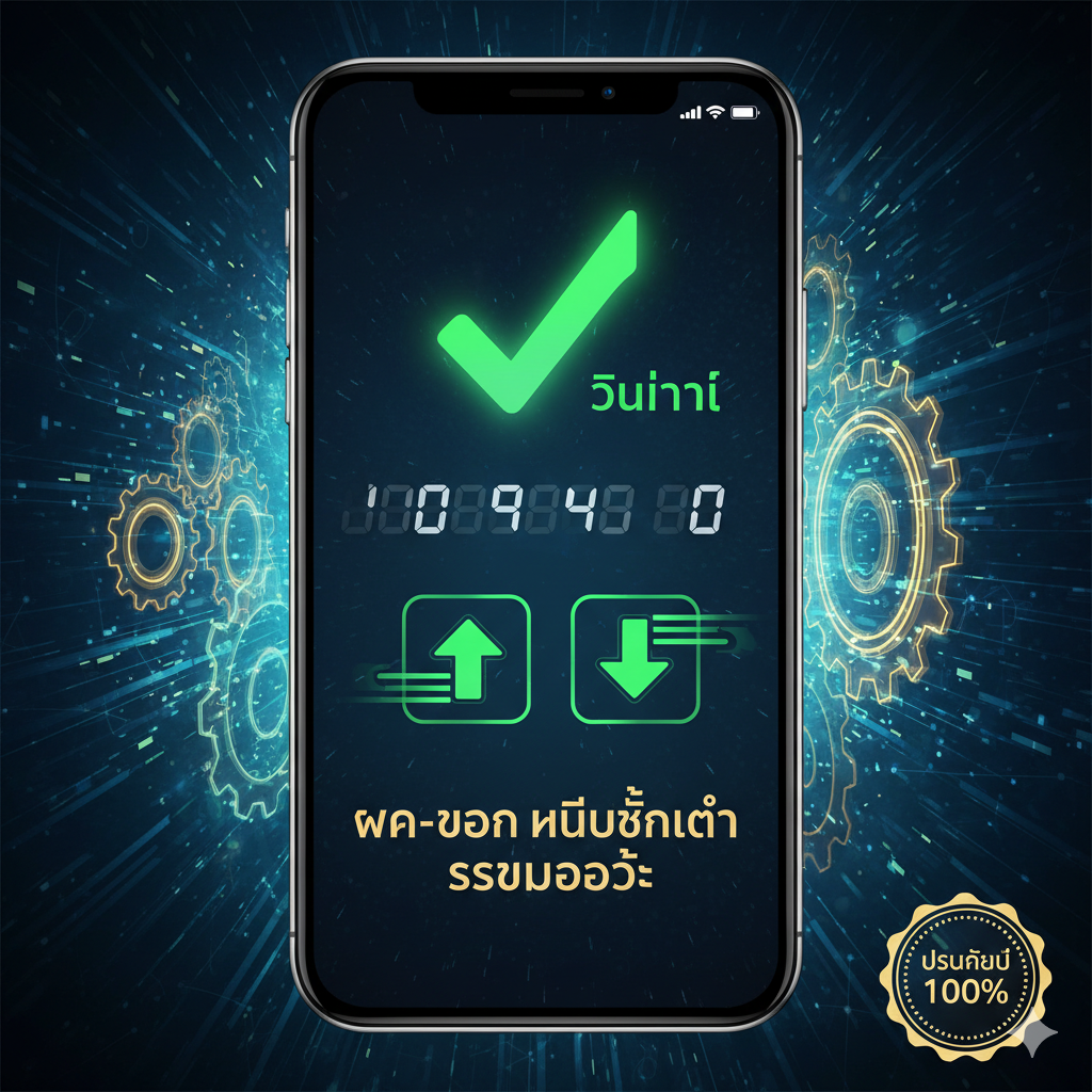 หน้าจอสมาร์ทโฟนแสดงธุรกรรมฝาก-ถอนเงินที่รวดเร็วภายใน 10 วินาที พร้อมสัญลักษณ์เช็คถูกและข้อมูลที่ไหลผ่าน เน้นระบบอัตโนมัติ (Auto) และความปลอดภัย 100%