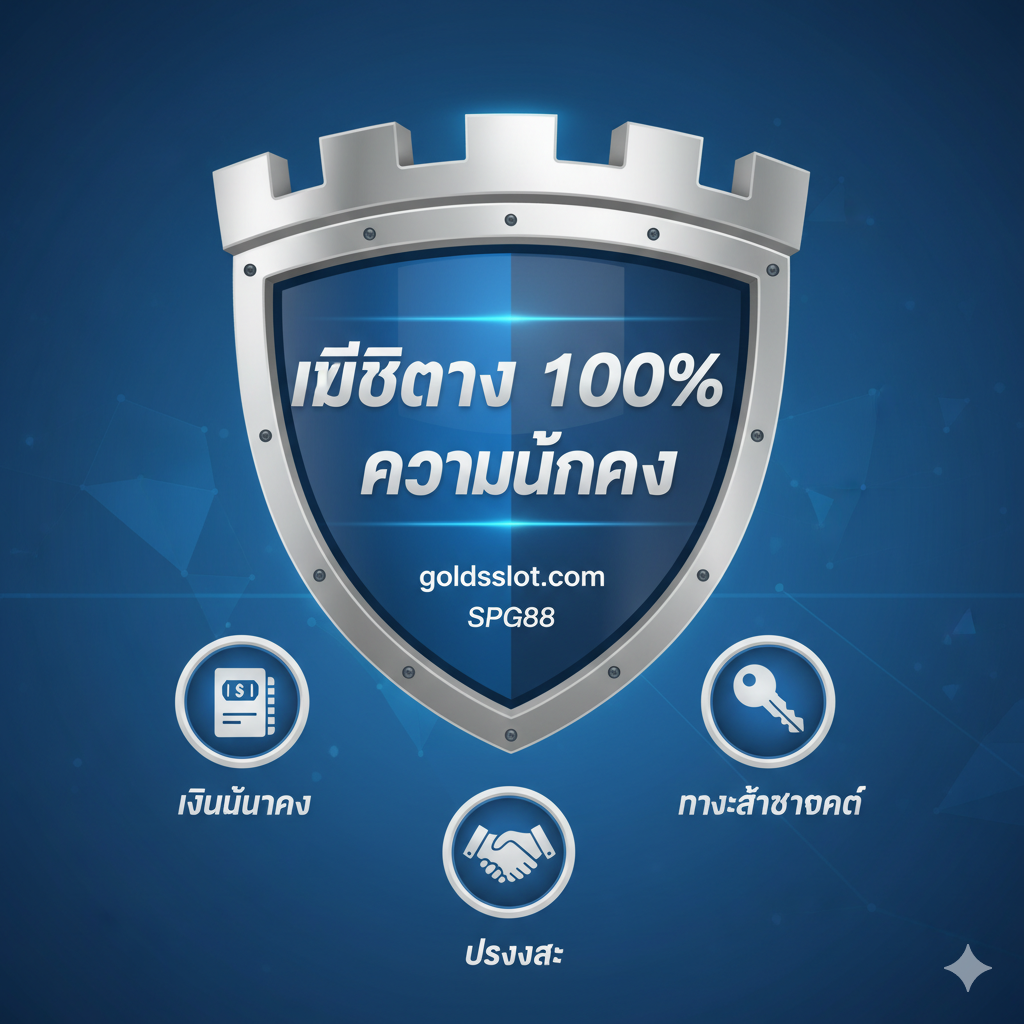 โลโก้ goldsslot.com และ SPG88 บนพื้นหลังโล่สีน้ำเงิน-เงิน พร้อมสัญลักษณ์ที่แสดงถึงความปลอดภัย ความมั่นคงทางการเงิน และทางเข้าที่ปลอดภัย เน้นย้ำความเป็น เว็บตรง 100%