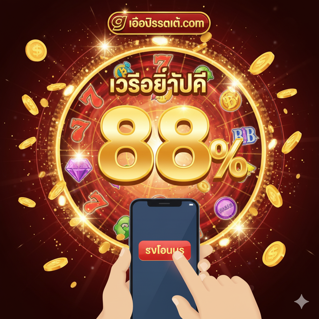 ภาพกราฟิกแสดงถึงโปรโมชั่น 'เครดิตฟรี 88%' โดยเน้นที่ตัวเลข '88%' ขนาดใหญ่และโดดเด่น อยู่ท่ามกลางวงล้อสล็อตที่หมุนอยู่ หรือฉากหลังของเครื่องสล็อตที่มีแสงไฟวิบวับ สีหลักควรใช้สีแดงหรือสีทองเพื่อสื่อถึงโบนัสและโชคลาภ อาจมีภาพมือที่กำลังกดปุ่ม 'Spin' หรือ 'รับโบนัส' บนหน้าจอโทรศัพท์มือถือ เพื่อสื่อถึงการเข้าถึงผ่านมือถืออย่างง่ายดาย องค์ประกอบต้องชัดเจนและเรียบง่ายเพื่อให้ข้อเสนอโบนัสเป็นจุดสนใจหลัก