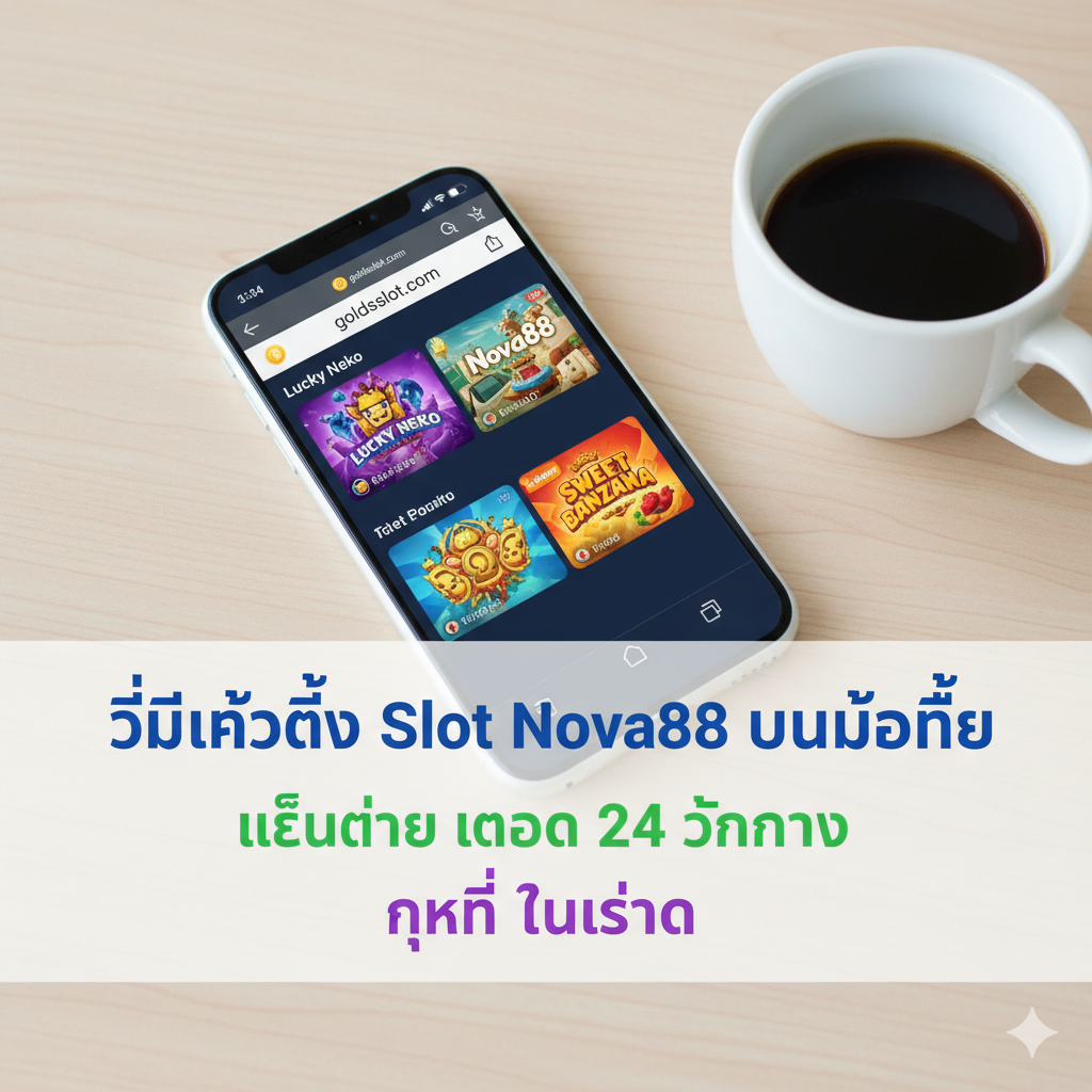 ภาพการเข้าถึงเกม 'Slot Nova88' ผ่านมือถืออย่างราบรื่น แสดงหน้าจอสมาร์ทโฟน (iOS/Android) ที่กำลังแสดงหน้าล็อบบี้หรือหน้าเกมสล็อตของ Nova88 (เช่น เกม Lucky Neko หรือ Sweet Bonanza) มีการวางโทรศัพท์มือถือไว้บนพื้นผิวที่สะอาดตา เช่น โต๊ะไม้หรือเคาน์เตอร์กาแฟ พร้อมกับมีไอคอนเล็กๆ ของเว็บไซต์ 'goldsslot.com' อยู่ในแถบที่อยู่ด้านบนของหน้าจอ เน้นความสะดวกสบายในการเล่นได้ทุกที่ทุกเวลาตลอด 24 ชั่วโมง สไตล์ภาพควรเป็นแบบ Flat Design หรือ Mockup เพื่อความทันสมัย