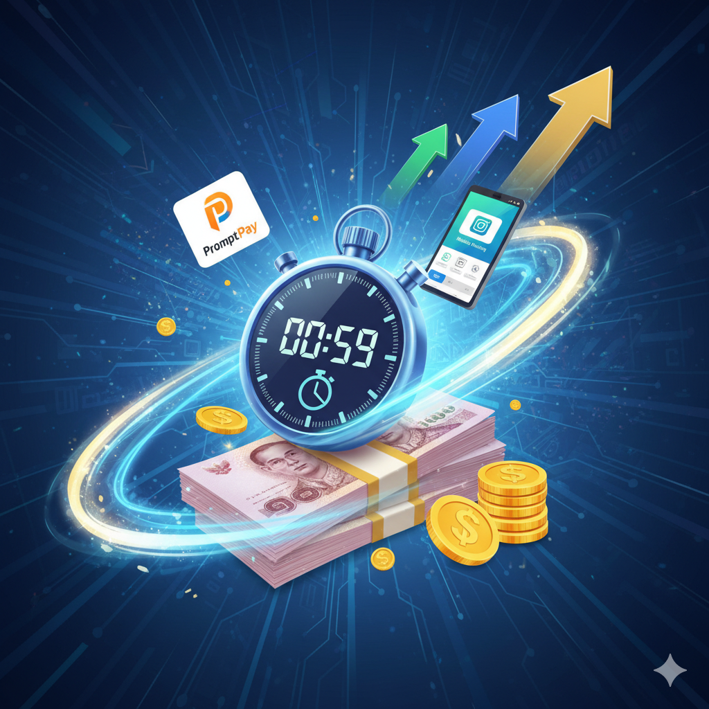 ภาพกราฟิกที่สื่อถึง 'ระบบฝาก-ถอน รวดเร็วทันใจ ภายใน 1 นาที' ของ goldsslot.com โดยใช้สัญลักษณ์ที่เกี่ยวข้องกับความเร็วและเงินสด เช่น นาฬิกาจับเวลาดิจิทัลที่แสดงเวลา '00:59' หรือ '1 Min' พร้อมกับไอคอนของวิธีการชำระเงินของไทย เช่น PromptPay และ Mobile Banking ที่ลอยอยู่เหนือปึกธนบัตรไทยหรือเหรียญทองคำ การจัดองค์ประกอบควรเป็นแบบ Dynamic และมีลูกศรพุ่งไปข้างหน้าเพื่อเน้นถึงความรวดเร็วและประสิทธิภาพของระบบ Auto-System ที่ปลอดภัย