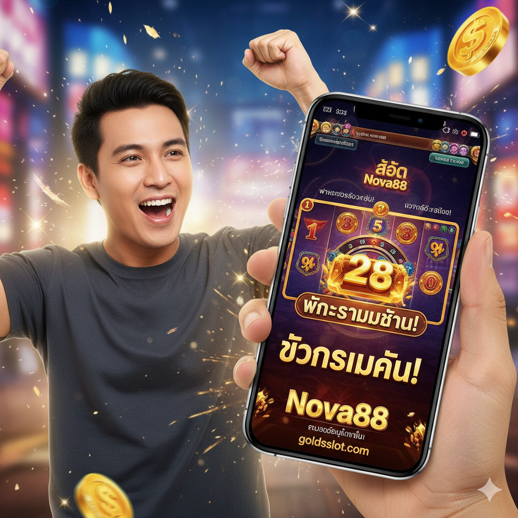 ภาพสรุปที่ให้ความรู้สึกของชัยชนะและความสำเร็จขั้นสูงสุด แสดงผู้เล่นที่กำลังมีความสุขอย่างมากพร้อมกับแสงสว่างและประกายแวววาวรอบๆ อาจเป็นภาพหน้าจอเกมสล็อต 'Slot Nova88' ที่กำลังแสดงข้อความ 'BIG WIN' หรือ 'JACKPOT' ตัวอักษร 'goldsslot.com' และ 'Nova88' ควรปรากฏอยู่ในภาพเพื่อย้ำถึงจุดเล่นที่ดีที่สุด โทนสีโดยรวมควรเป็นสีสว่างและมีชีวิตชีวา เน้นความรู้สึกตื่นเต้นและรางวัลใหญ่ที่รออยู่ เป็นภาพที่ชวนให้เกิดความเชื่อมั่นในการเข้าร่วม