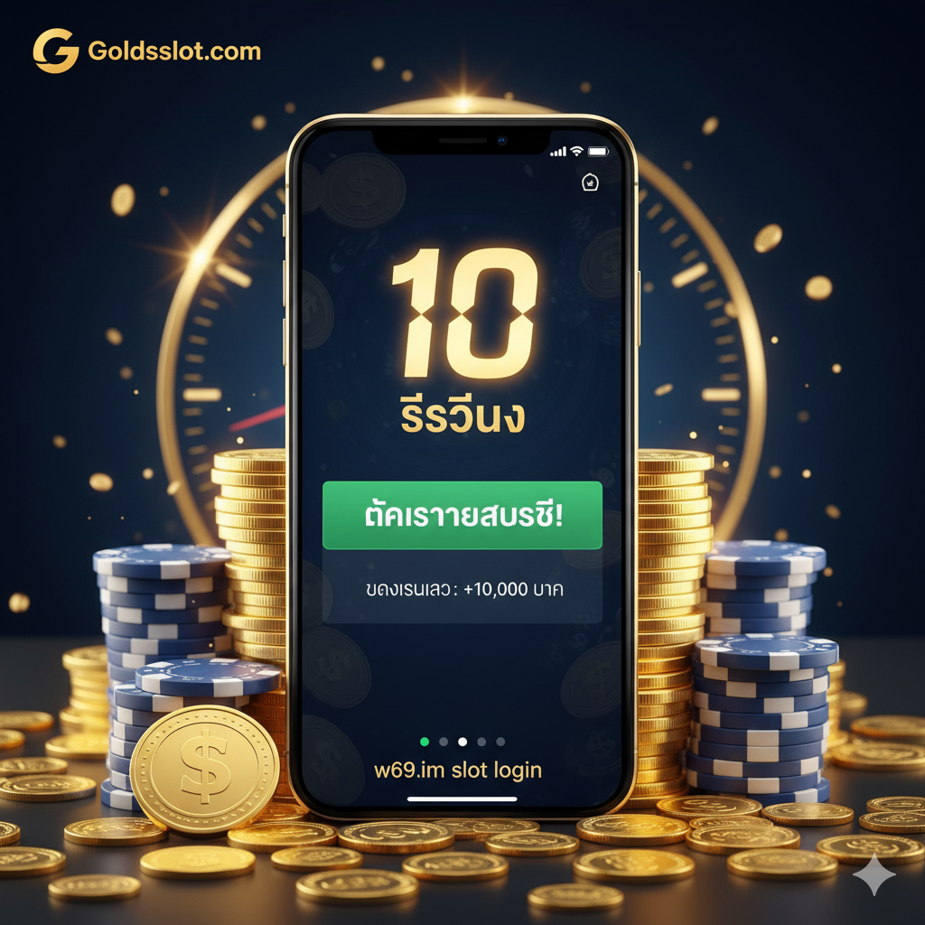 ภาพเน้นคุณสมบัติเด่นของ Goldsslot.com คือ 'ระบบฝาก-ถอน ออโต้ 10 วินาที' โดยมีองค์ประกอบภาพเป็นหน้าจอสมาร์ทโฟนที่กำลังแสดงการแจ้งเตือนการทำธุรกรรมสำเร็จอย่างรวดเร็ว (เป็นสีเขียว) วางอยู่บนกองเหรียญทองหรือชิปคาสิโนที่สว่างไสว โทนสีเน้นสีน้ำเงินและสีทองเพื่อแสดงถึงความน่าเชื่อถือและความมั่งคั่ง มีนาฬิกาดิจิทัลขนาดใหญ่แสดงเลข '10 วินาที' เพื่อเน้นย้ำความเร็วของระบบ.