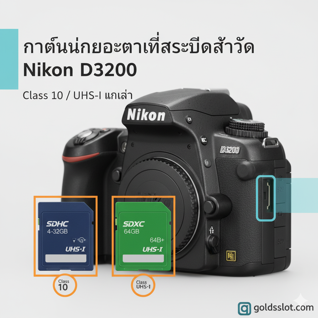 ภาพเชิงฟังก์ชันที่เน้นความเข้ากันได้ของ SD Card สำหรับ Nikon D3200 จัดองค์ประกอบแบบ Info-graphic ที่ดูสะอาดตา แสดงภาพการ์ด SDHC (4-32GB) และ SDXC (64GB+) 2 ใบวางคู่กัน พร้อมไอคอนความเร็ว Class 10 และ UHS-I ที่ถูกเน้นให้เด่นชัด พื้นหลังเป็นภาพเบลอของตัวกล้อง D3200 ส่วนหน้าเน้นตัวอักษร 'Class 10 / UHS-I Recommended' และลูกศรชี้ไปยังช่องใส่การ์ดที่ถูกเน้นสีฟ้าอ่อน เพื่อสื่อถึงคุณสมบัติและความเร็วที่จำเป็นสำหรับการใช้งานที่ไม่มีสะดุด