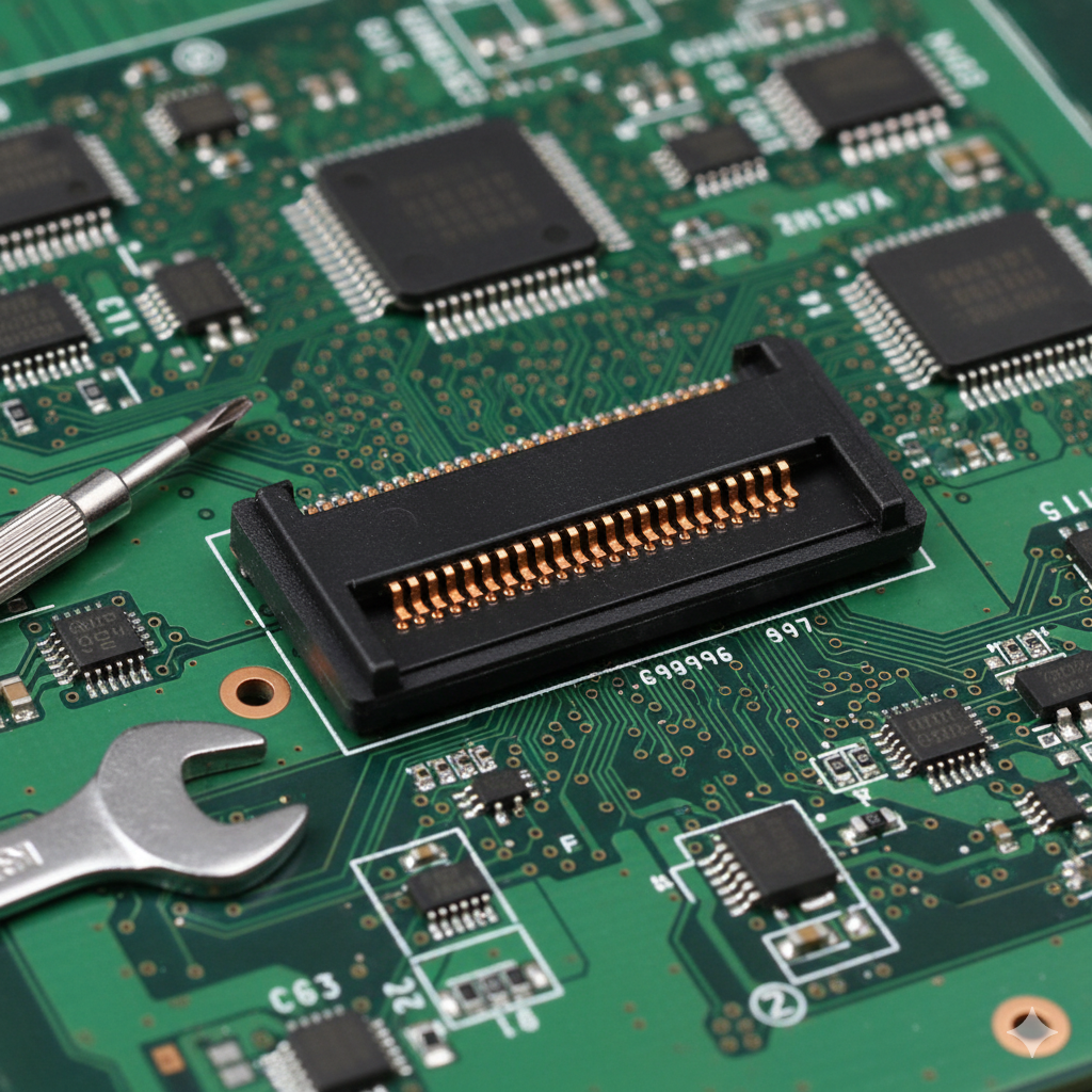 ภาพแสดงทางเลือกในการเปลี่ยนอะไหล่ โดยเน้นข้อดีของการซ่อมหรือเปลี่ยนเอง จัดวางชุดอะไหล่ 'SD Memory Card Slot Reader Holder Assembly Nikon D3200' ซึ่งเป็นชิ้นส่วนอะไหล่จริงที่มีเขี้ยวทองแดงเรียงอย่างเป็นระเบียบ วางอยู่บนพื้นผิวที่มีแผงวงจรอิเล็กทรอนิกส์ (PCB) เป็นฉากหลัง มีสัญลักษณ์ไขควงและประแจเล็กๆ วางอยู่ข้างๆ เพื่อสื่อถึง 'DIY' และ 'การประหยัดค่าใช้จ่าย' เน้นโทนสีทองแดงและสีเขียวของแผงวงจรเพื่อเน้นความเป็นชิ้นส่วนอิเล็กทรอนิกส์คุณภาพ