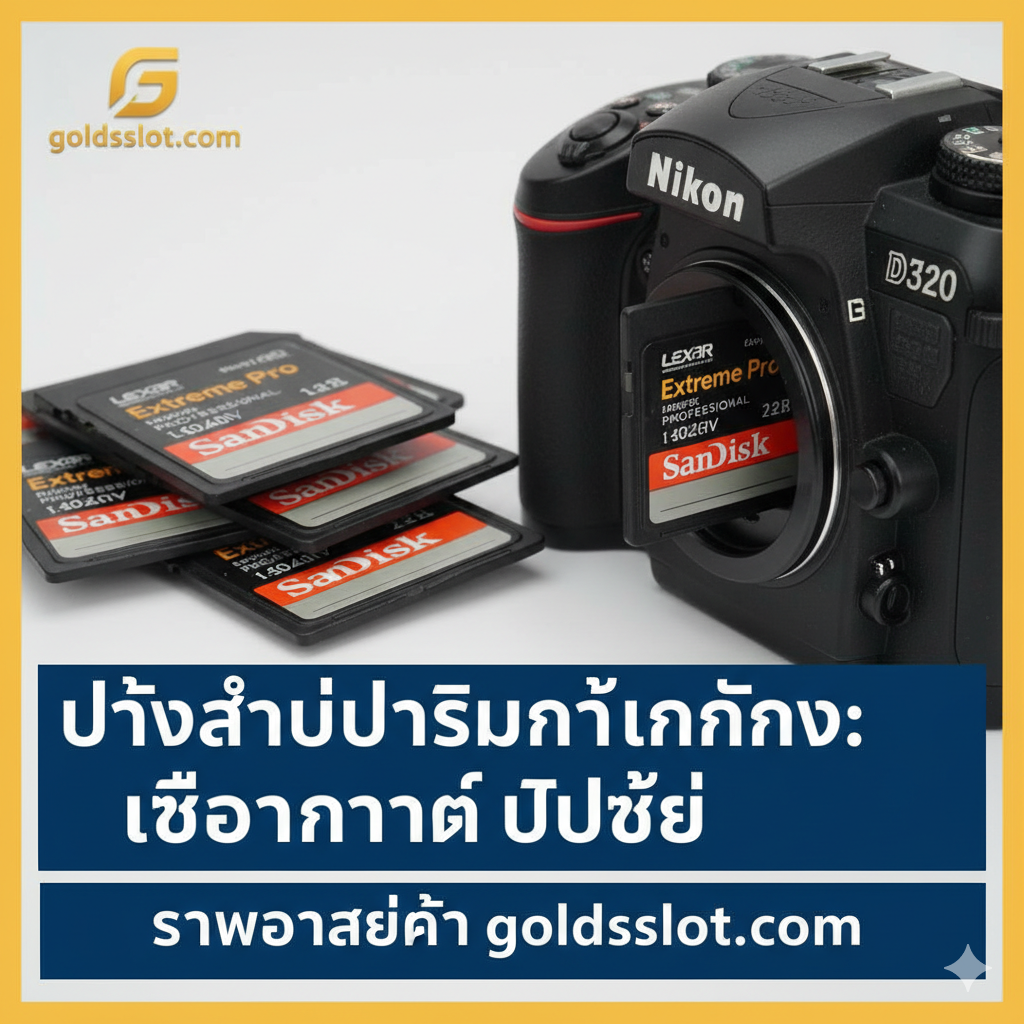 ภาพสรุปและ Call to Action ที่มีประสิทธิภาพ แสดงภาพกองการ์ด SD Card รุ่นแนะนำ (เช่น SanDisk Extreme Pro, Lexar Professional) วางซ้อนกันอย่างโดดเด่น โดยมีการ์ดใบหนึ่งเสียบอยู่ในกล้อง Nikon D3200 เพื่อสื่อถึงการเลือกใช้การ์ดที่ดีที่สุด พื้นหลังมีโลโก้ของ goldsslot.com เบลออยู่เล็กน้อย พร้อมข้อความสรุปเป็นภาษาไทยว่า 'ยืดอายุการใช้งานกล้อง: เลือกการ์ดที่ใช่, ซ่อมอะไหล่ที่ goldsslot.com' เน้นสีสันที่สดใสของการ์ดเพื่อดึงดูดความสนใจ