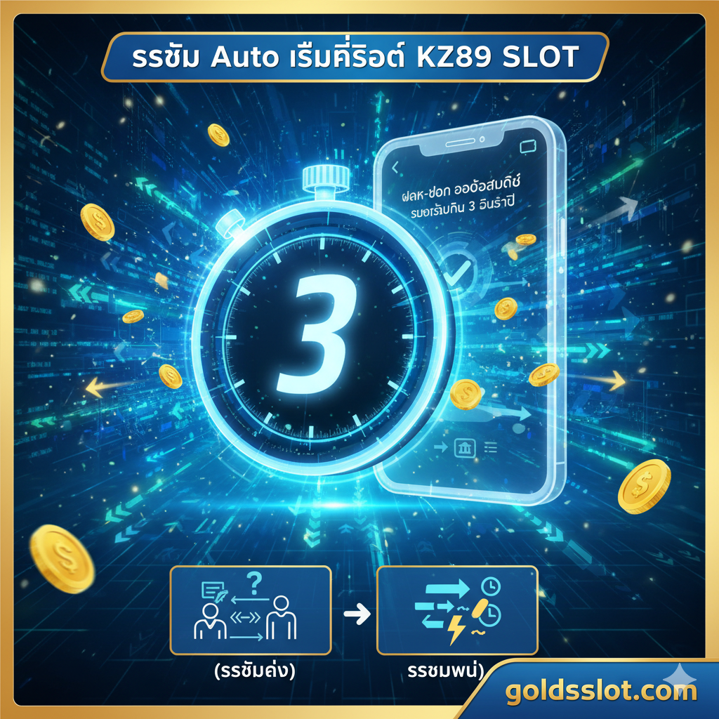 ภาพที่เน้นฟังก์ชัน 'ระบบ Auto เร็วที่สุด 3 วินาที' องค์ประกอบหลักคือตัวจับเวลาหรือนาฬิกาจับเวลาที่แสดง '3' วินาที ข้างๆ เป็นภาพเคลื่อนไหวที่ราบรื่น (หรือภาพหน้าจอ) ของโทรศัพท์มือถือที่กำลังดำเนินการอยู่ โดยแสดงอินเทอร์เฟซการเสร็จสิ้น 'ฝาก-ถอน ออโต้' (การฝากและถอนเงินอัตโนมัติ) สีที่ใช้เป็นสีน้ำเงินและสีเขียวที่ให้ความรู้สึกทางเทคโนโลยี ซึ่งเป็นสัญลักษณ์ของความเร็วและประสิทธิภาพ พื้นหลังอาจมีภาพเอฟเฟกต์ของการไหลของข้อมูลนามธรรมหรือเหรียญทองที่ไหลเข้าออกอย่างรวดเร็ว โดยเน้นย้ำถึงความรวดเร็วและความสะดวกของระบบ goldsslot.com ซึ่งแตกต่างจากการทำงานด้วยตนเองหรือความล่าช้าของระบบเก่า