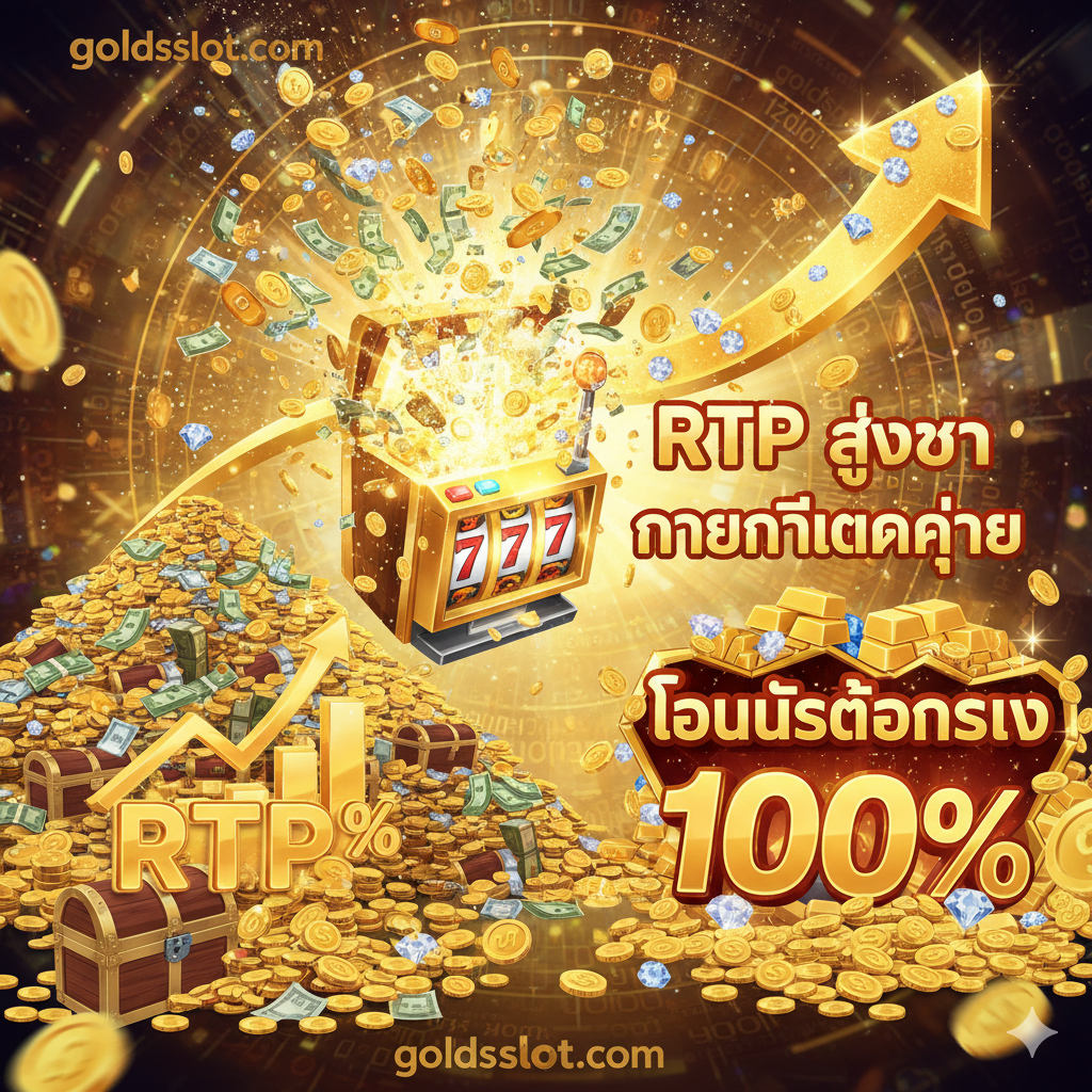 ภาพสรุปและเปรียบเทียบที่เน้นความได้เปรียบ 'RTP สูงกว่า/รับประกันการแตกง่าย' และ 'โบนัส 100%' องค์ประกอบหลักคือกราฟแนวโน้มขาขึ้นหรือภาพสัญลักษณ์ของแจ็กพอตสล็อตที่ระเบิดได้ โดยมีพื้นหลังเป็นกองเหรียญทองหรือธนบัตร ภาพนี้เน้นตัวอักษร 'RTP' และสัญลักษณ์เปอร์เซ็นต์อย่างเด่นชัด รวมถึง 'โบนัสต้อนรับ 100%' องค์ประกอบของภาพควรเต็มไปด้วยความมีชีวิตชีวาและโชคลาภ โดยเน้นว่า goldsslot.com มีอัตราผลตอบแทนและข้อเสนอที่ดีกว่าคู่แข่ง (เช่น kz89 slot)