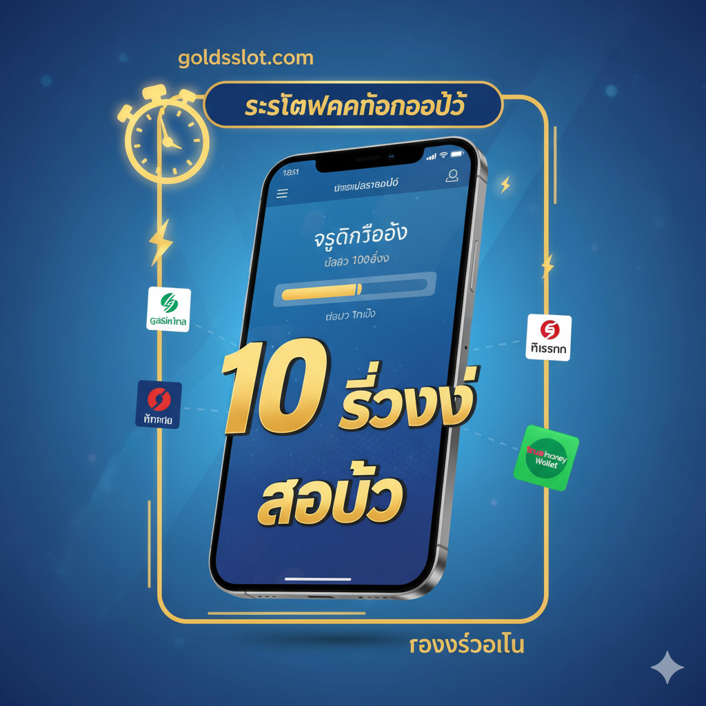 ภาพที่เน้นคุณสมบัติ 'ระบบฝากถอนออโต้ 10 วินาที' และ 'รองรับวอเลท' ใช้พื้นหลังสีน้ำเงิน/ฟ้า มีไอคอนที่สื่อถึงความเร็ว เช่น สายฟ้า หรือนาฬิกาจับเวลา พร้อมแสดงหน้าจอสมาร์ทโฟนที่กำลังทำรายการฝาก-ถอนเงินอย่างรวดเร็ว มีโลโก้ธนาคารชั้นนำและ True Money Wallet เล็กๆ ประกอบอยู่รอบๆ เน้นตัวเลข '10 วินาที' และคำว่า 'ออโต้' ด้วยฟอนต์ตัวหนาสีทอง ภาพถ่ายทอดความเป็นระบบการเงินที่ทันสมัยและใช้งานง่าย