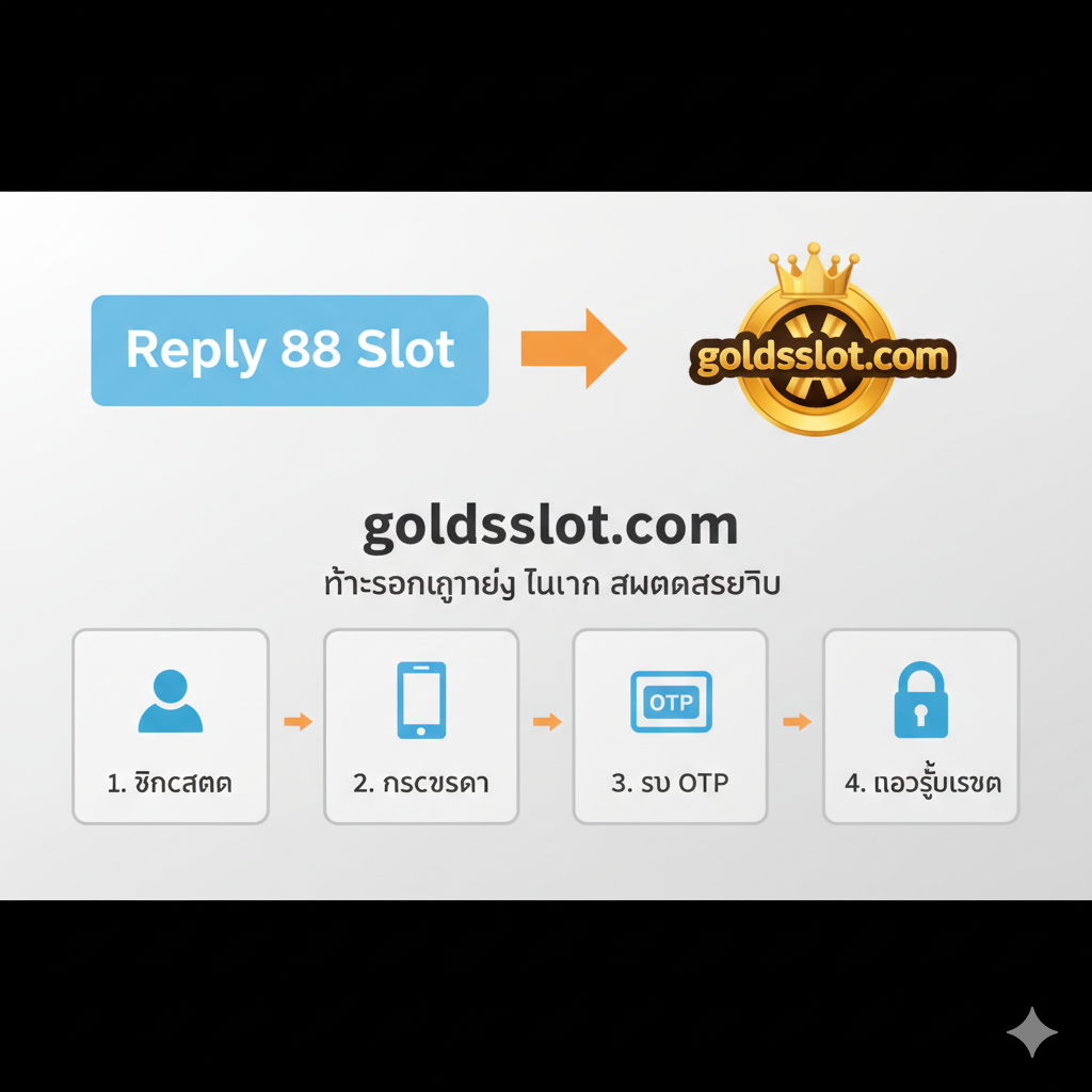 ภาพอินโฟกราฟิกแบบขั้นตอน (Step-by-step) ที่แสดงการเปลี่ยนจาก 'Reply 88 Slot' มาสู่ 'goldsslot.com' มีลูกศรชี้จากกล่องข้อความที่มีคำว่า 'Reply 88 Slot' ไปยังโลโก้ 'goldsslot.com' พร้อมแสดง 4 ขั้นตอนง่ายๆ ในการสมัครสมาชิก (1.คลิกสมัคร 2.กรอกข้อมูล 3.รับ OTP 4.เข้าสู่ระบบ) โดยใช้ไอคอนที่เข้าใจง่าย เช่น รูปคน, รูปโทรศัพท์มือถือ, รูปรหัส OTP และรูปกุญแจ พื้นหลังสีขาว/เทาอ่อน เพื่อให้ข้อความและขั้นตอนเด่นชัดและอ่านง่าย