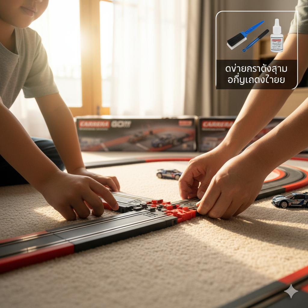 ภาพขั้นตอนการประกอบรางรถสล็อต (Track assembly tutorial) ของชุดเริ่มต้นราคาประหยัด (เช่น Carrera GO!!!) แสดงมือของผู้ใหญ่และเด็กที่กำลังช่วยกันต่อชิ้นส่วนรางรถสล็อตเข้าด้วยกัน (Interlocking track pieces) ภาพเน้นความง่ายและรวดเร็วในการประกอบ (Ease of assembly) โดยอาจมีภาพซ้อน (Overlay) เล็กๆ แสดงเครื่องมือบำรุงรักษาพื้นฐาน เช่น แปรงทำความสะอาด หรือน้ำมันหล่อลื่น เพื่อสื่อถึง 'DIY และการอัปเกรดแบบประหยัดงบ' แสงสว่างจ้า (Bright lighting) ในโทนอบอุ่น สร้างบรรยากาศความเป็นครอบครัวและงานอดิเรกที่ทำร่วมกันได้
