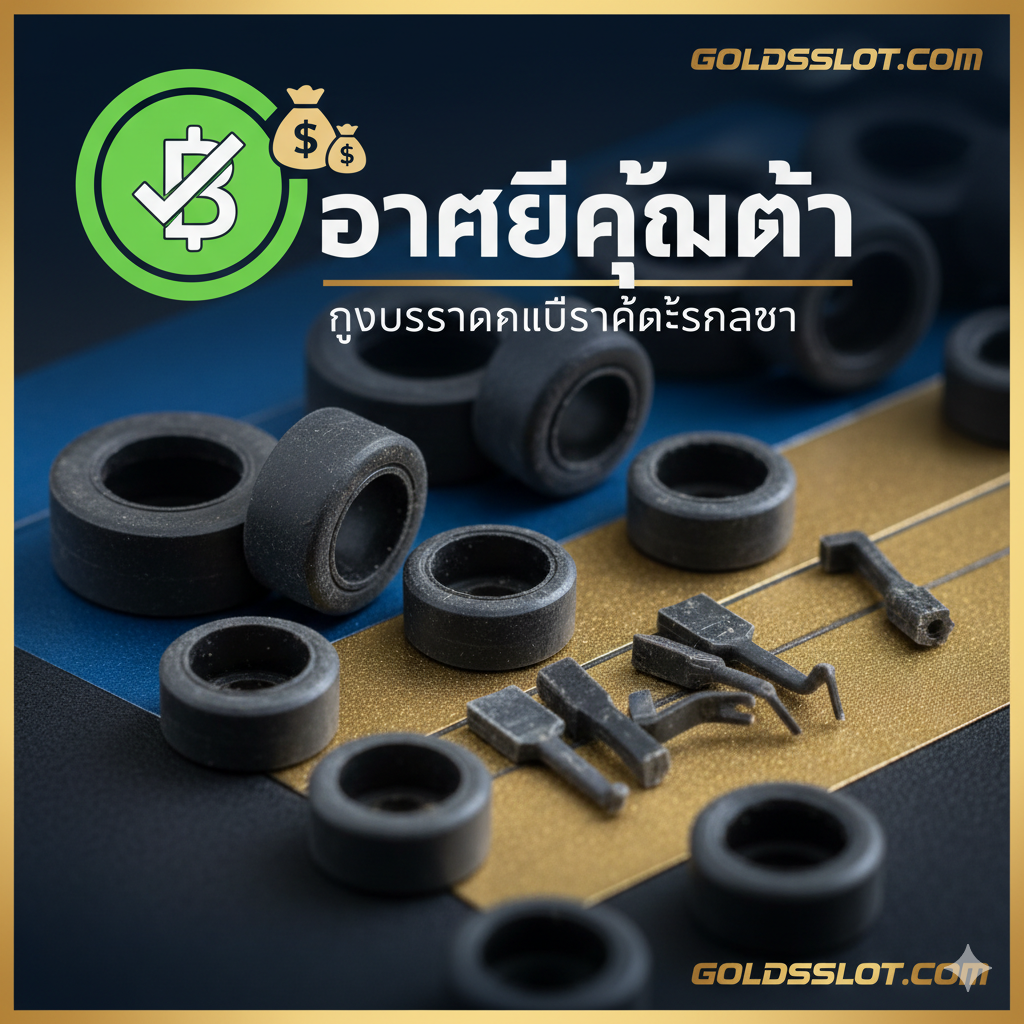 ภาพแสดงอะไหล่รถสล็อตที่สึกหรอ (Wear-and-tear spare parts) ที่มีราคาถูกและคุ้มค่า (Value-for-money parts) โดยเฉพาะยาง (Tires), แปรงนำไฟฟ้า (Brushes), และไกด์ (Guides) สำหรับรุ่นยอดนิยม เช่น Carrera GO!!! อะไหล่เหล่านี้ควรจัดวางอยู่บนพื้นหลังสีน้ำเงินเข้มหรือสีทอง (Goldsslot.com brand colors) และมีการซ้อนทับด้วยสัญลักษณ์ของ 'ส่วนลด' หรือ 'ประหยัดเงิน' (Money-saving symbol) เพื่อเน้นย้ำถึง 'งบประมาณไม่ใช่แค่ราคารถ' ภาพเน้นความคมชัดของรายละเอียดอะไหล่ และมีโฟกัสชัดเจนที่ตัวชิ้นส่วนขนาดเล็กเหล่านี้