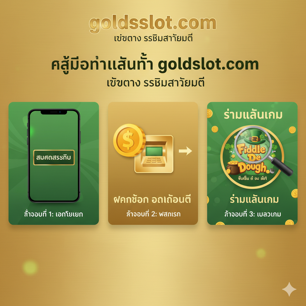 教程指导图 聚焦于'在goldsslot.com上玩'的步骤 三步流程图 สมัครสมาชิก ฝากเงิน และเข้าเล่น Fiddle Dee Dough Slot