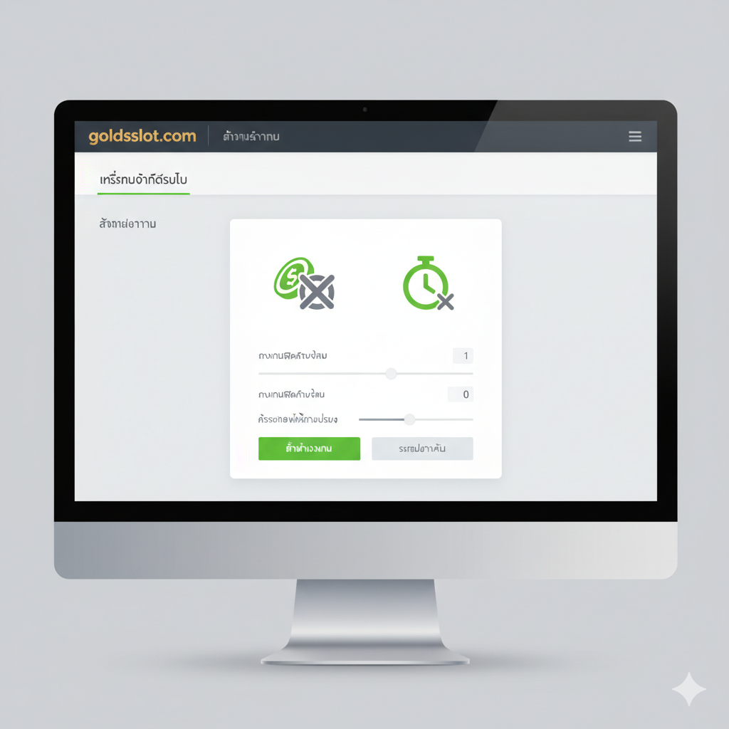 ภาพแสดงเครื่องมือ 'Self-Exclusion Tools' หรือ 'เครื่องมือจำกัดตัวเอง' องค์ประกอบหลักคือภาพหน้าจออินเตอร์เฟซผู้ใช้ (UI) ที่สะอาดตาของ goldsslot.com (จำลอง) ในส่วนการตั้งค่าบัญชี มีสัญลักษณ์ของวงเงินฝาก (limit) ที่เป็นรูปเหรียญที่มีเครื่องหมายกากบาท (X) และสัญลักษณ์ของนาฬิกาที่มีเครื่องหมายหยุด (Stop) ใช้สีเขียวและสีเทาเพื่อแสดงถึงความปลอดภัยและความสามารถในการควบคุม วางองค์ประกอบเหล่านี้ไว้ในกรอบสี่เหลี่ยมที่เน้นย้ำถึงความเป็นเครื่องมือที่จับต้องได้ เน้นให้เห็นปุ่ม 'ตั้งค่าวงเงิน' หรือ 'ระงับบัญชี' อย่างชัดเจน