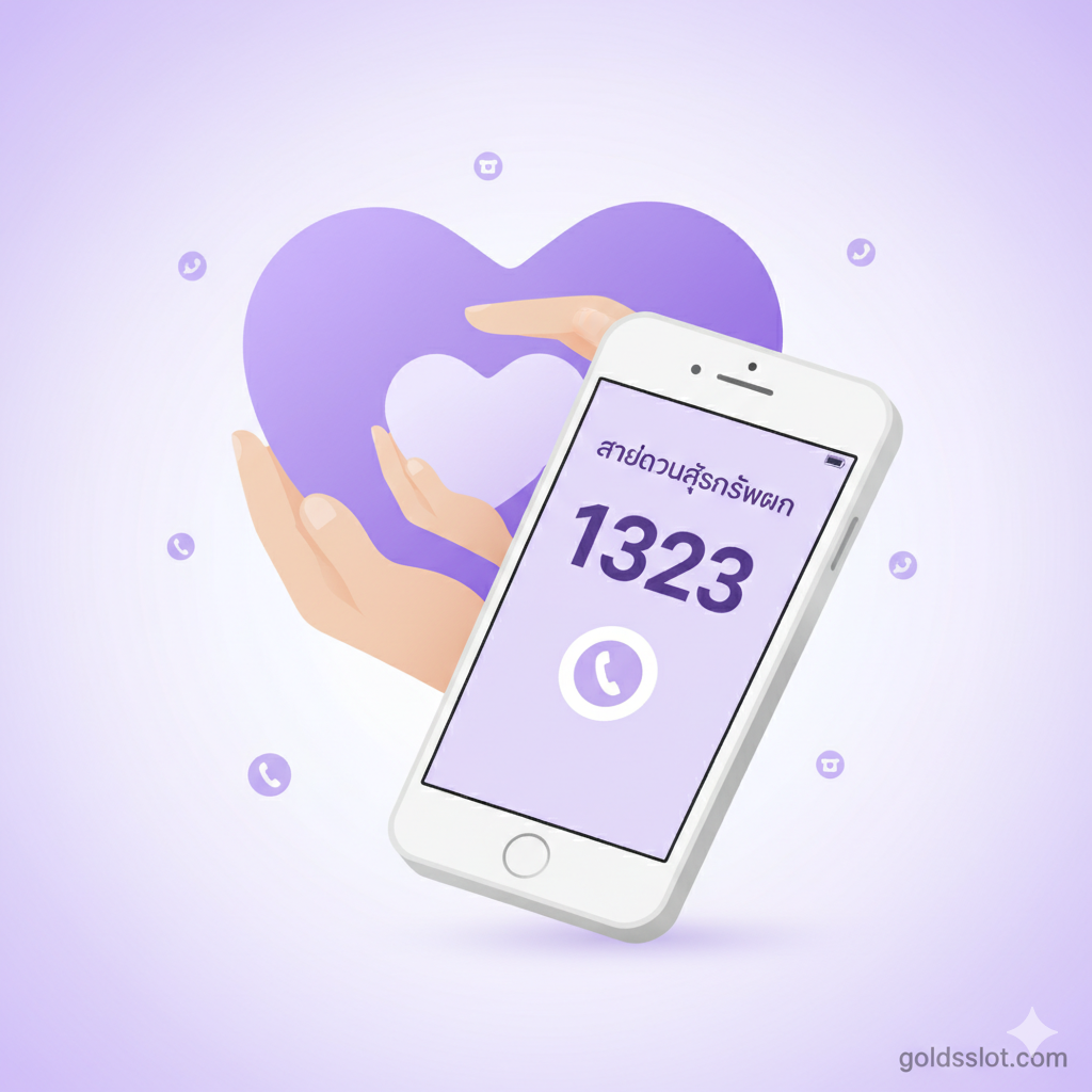 ภาพเน้นองค์กรให้ความช่วยเหลือและ 'สายด่วนเลิกพนัน' องค์ประกอบหลักคือโทรศัพท์มือถือที่กำลังโทรออก โดยมีพื้นหลังเป็นไอคอนหัวใจที่ถูกปกป้องด้วยมือหรือโล่ห์เบาๆ สื่อถึงการขอความช่วยเหลือและความหวังในการฟื้นฟู มีข้อความ 'สายด่วนสุขภาพจิต' (อาจใช้เพียงสัญลักษณ์คล้ายหูโทรศัพท์) และตัวเลข '1323' หรือ 'Help Line' อยู่ในภาพ ใช้โทนสีม่วงอ่อนๆ และสีขาวเพื่อสื่อถึงความเห็นอกเห็นใจและความลับ (confidentiality) ภาพควรให้ความรู้สึกของการสนับสนุนและความหวัง ไม่ใช่ความสิ้นหวัง