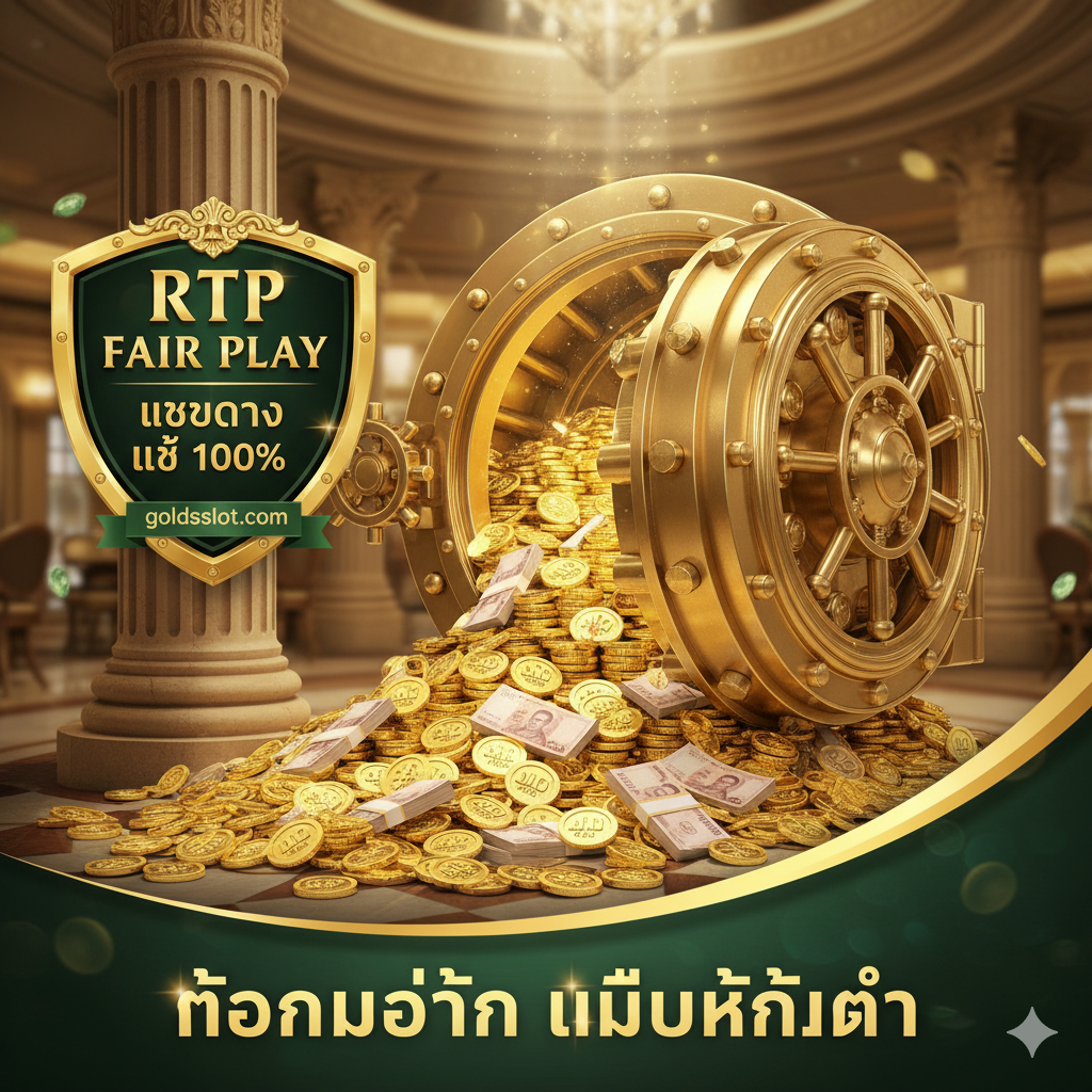ภาพแสดงจุดเด่นของ goldsslot.com โดยเน้นเรื่อง “ถอนไม่อั้น ไม่มีขั้นต่ำ” (Unlimited Withdrawal, No Minimum) และ “เว็บตรง แท้ 100%” (100% Genuine Web Direct) โดยมีภาพตู้เซฟขนาดใหญ่ที่เปิดอยู่และเต็มไปด้วยเงินและเหรียญทอง พร้อมโล่หรือตราสัญลักษณ์ที่เขียนว่า “RTP FAIR PLAY” เพื่อสื่อถึงความมั่นคงและความยุติธรรม