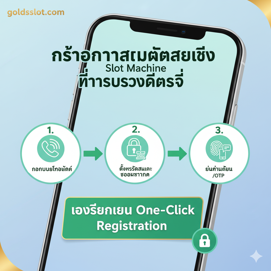 教程指导图，聚焦于'ขั้นตอนการสมัครสมาชิก Slot Machine ที่รวดเร็วที่สุด' (最快的老虎机会员注册步骤)。图片采用简洁明亮的界面设计，展示一个手机屏幕的截图或模拟界面，以流程图的形式清晰呈现3个核心步骤：1.กรอกเบอร์โทรศัพท์ (输入电话号码)，2.ตั้งรหัสผ่านและข้อมูลธนาคาร (设置密码和银行信息)，3.ยืนยันตัวตน (身份验证/OTP)。使用醒目的绿色箭头连接步骤，强调'Fastest One-Click Registration'的速度和便捷性，并添加一个小的安全锁图标来突出数据安全性。