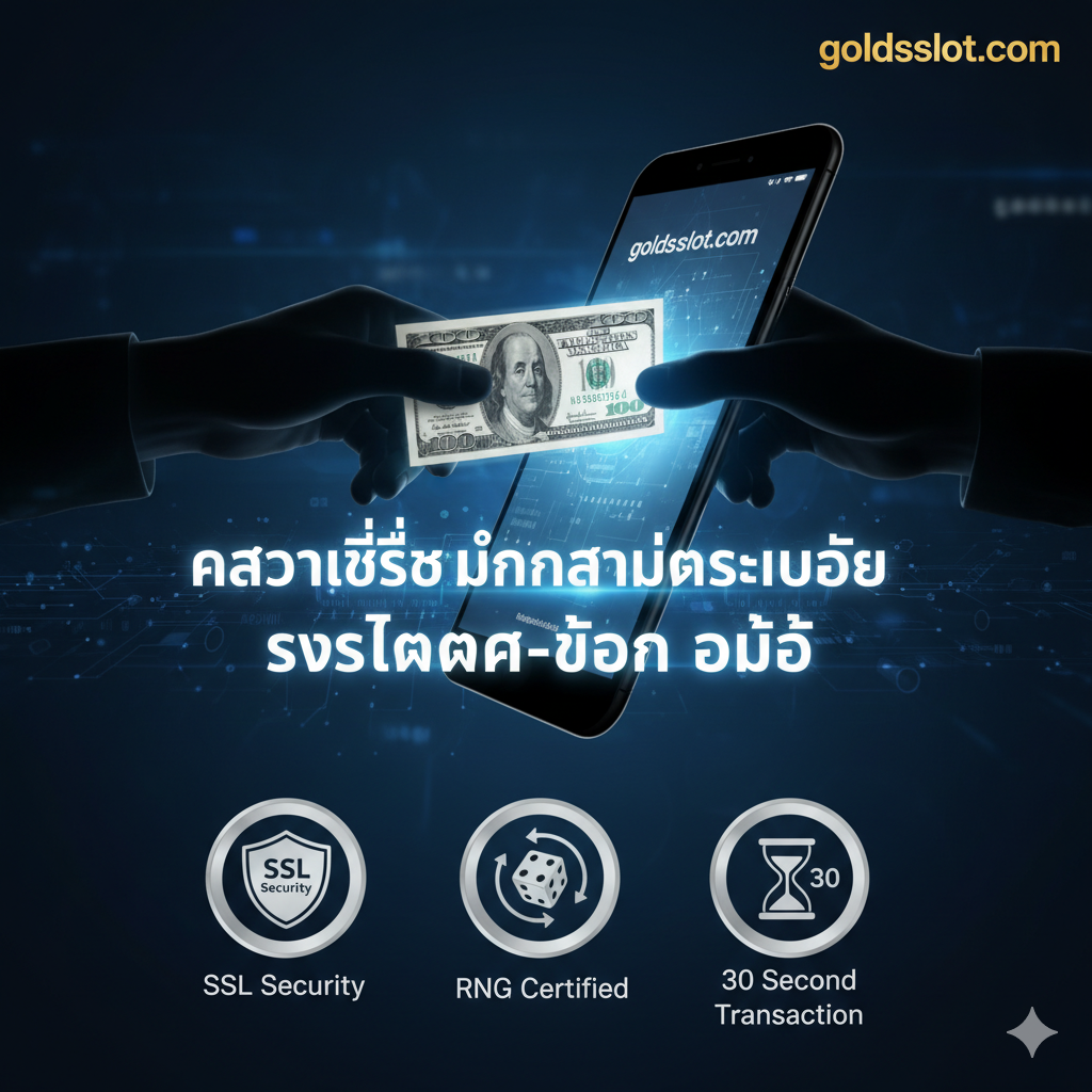 优势特点图，强调'ความเชื่อมั่นและความปลอดภัย' (信任和安全) 和'ระบบฝาก-ถอน ออโต้' (自动存取款系统)。主体是两只手的剪影，一只手快速地将钞票通过智能手机屏幕存入，另一只手在几秒内收到钱，寓意快速交易。画面下方应有明确的图标，代表'SSL Security'、'RNG Certified'和'30 Second Transaction'。使用蓝色和银色调，传达出高科技、稳定和可靠的金融服务体验，体现'สล็อต เว็บตรง ไม่ผ่านเอเย่นต์'（直属网站不通过代理）的专业性。