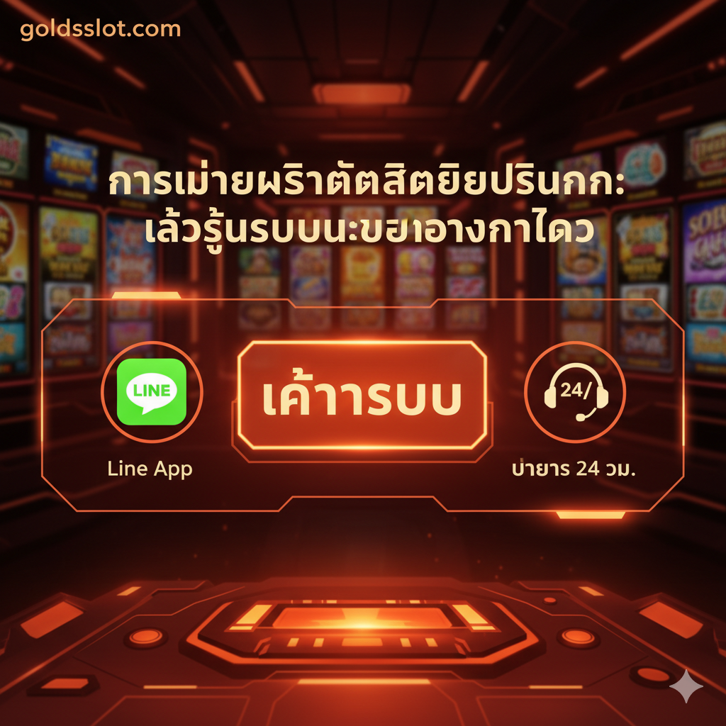 总结图片，重点在于'การใช้งานสำหรับสมาชิกปัจจุบัน: เข้าสู่ระบบและช่องทางติดต่อ' (现有会员的使用：登录和联系方式)。画面设计为一个未来感的控制面板或用户界面，中央有一个大大的'เข้าสู่ระบบ'（登录）按钮。旁边有两个清晰的联系方式图标：一个Line App图标和一个24小时客服（24/7 Service）耳机图标。背景可以模糊地展示一些热门的Slot Machine游戏画面，代表全面的服务和不间断的娱乐。用温暖的色调（如橙色和红色）来表达热情周道的客户支持。