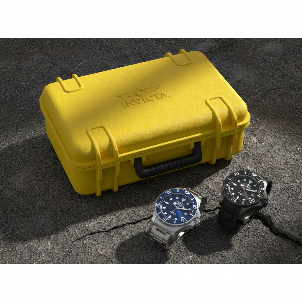 ภาพถ่ายมุมสูงของกล่องเก็บนาฬิกา Invicta 8 Slot Dive Case (อาจเป็นสีเหลืองหรือสีดำ) ที่ปิดสนิท ตั้งอยู่บนพื้นผิวที่มีเท็กซ์เจอร์คล้ายหินแกรนิตหรือพื้นผิวขรุขระ เพื่อเน้นความทนทานของเคส มีนาฬิกา Invicta ขนาดใหญ่ (Oversized) หนึ่งหรือสองเรือนวางอยู่ข้างเคส เพื่อแสดงให้เห็นถึงขนาดและประเภทของนาฬิกาที่เคสนี้ออกแบบมาเพื่อปกป้อง เน้นแสงเงาที่ดูแข็งแกร่งและน่าเชื่อถือ สไตล์ภาพควรเป็นแบบ Product Photography คุณภาพสูง