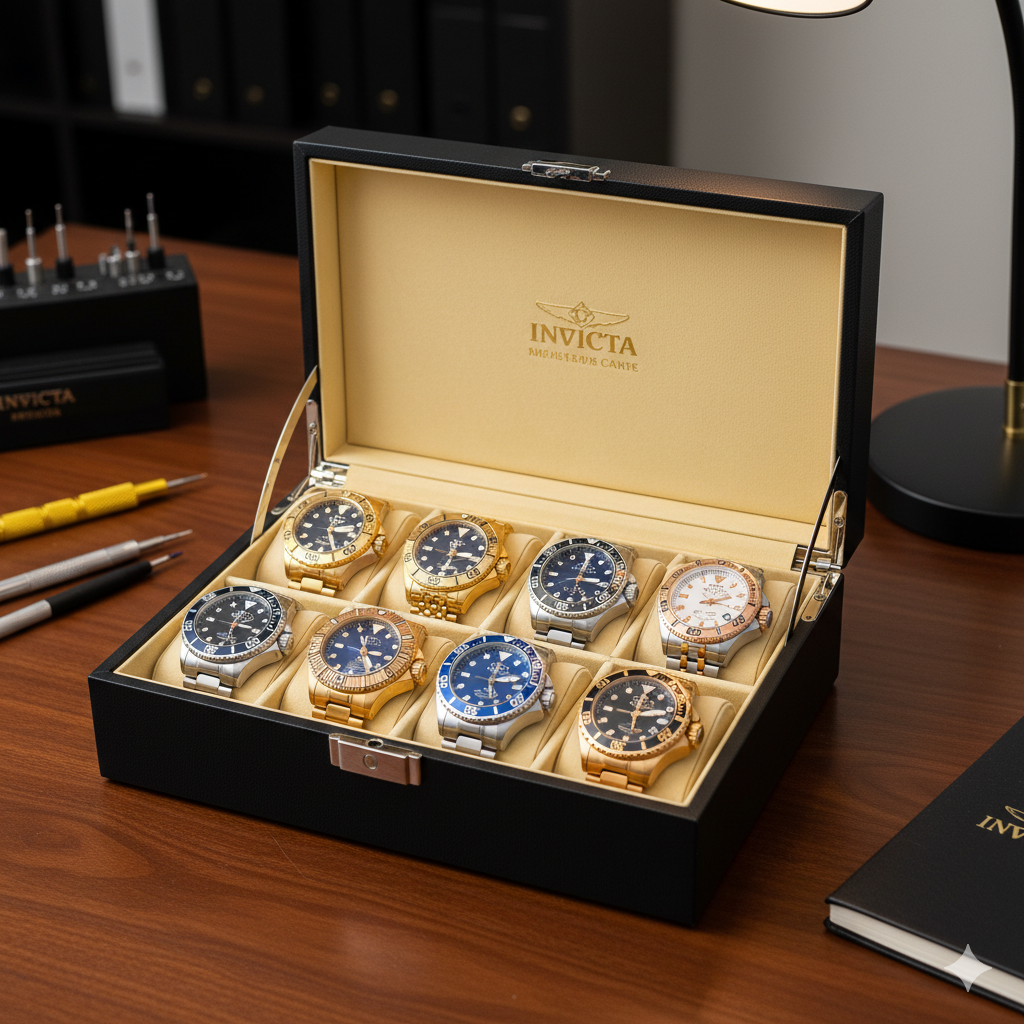 ภาพการใช้งานจริงที่เน้น 'ขนาดและการรองรับนาฬิกา Oversized' โดยเฉพาะ ภาพแสดง Invicta 8 Slot Case ที่เปิดอยู่ โดยมีนาฬิกา Invicta ขนาดใหญ่ (หน้าปัด 50mm+) วางอยู่เต็มทั้ง 8 ช่องอย่างเป็นระเบียบและไม่เบียดเสียดกัน เน้นการจัดวางที่แสดงให้เห็นว่าเม็ดมะยมของนาฬิกาแต่ละเรือนไม่ชนกัน ฉากหลังควรเป็นมุมโต๊ะทำงานของนักสะสมที่ดูพรีเมียมและเป็นระเบียบ เพื่อสร้างความรู้สึกของการเก็บรักษาที่คุ้มค่า