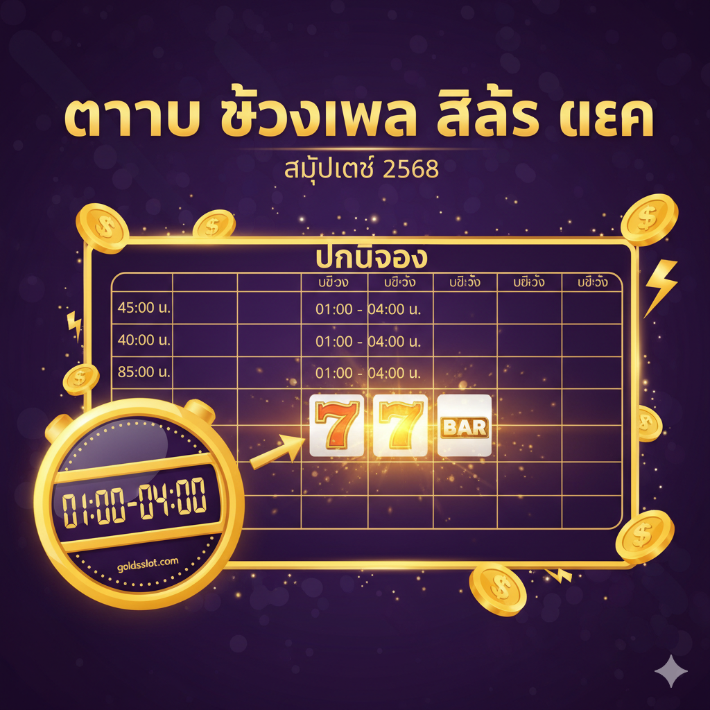 ภาพปกแนวคิด 'Time Slot in Thai' แสดงตารางช่วงเวลาสล็อตแตก 'นาทีทอง' เป็นจุดศูนย์กลาง. พื้นหลังสีม่วงเข้มหรือน้ำเงินเข้มให้ความรู้สึกหรูหราและน่าเชื่อถือ. มีองค์ประกอบของนาฬิกาขนาดใหญ่ (อาจเป็นนาฬิกาทรายหรือนาฬิกาดิจิทัล) ที่ชี้ไปที่ช่วงเวลา 01:00-04:00 น. และมีเหรียญทองคำที่มีโลโก้ 'goldsslot.com' กระจายอยู่รอบๆ พร้อมแสงสว่างจ้าจากสัญลักษณ์ Jackpot (สัญลักษณ์ '777' หรือ 'BAR') เพื่อดึงดูดสายตา. ใช้ตัวอักษรไทยขนาดใหญ่และชัดเจนว่า 'ตาราง ช่วงเวลา สล็อต แตก' พร้อมคำว่า 'อัปเดต 2568'.